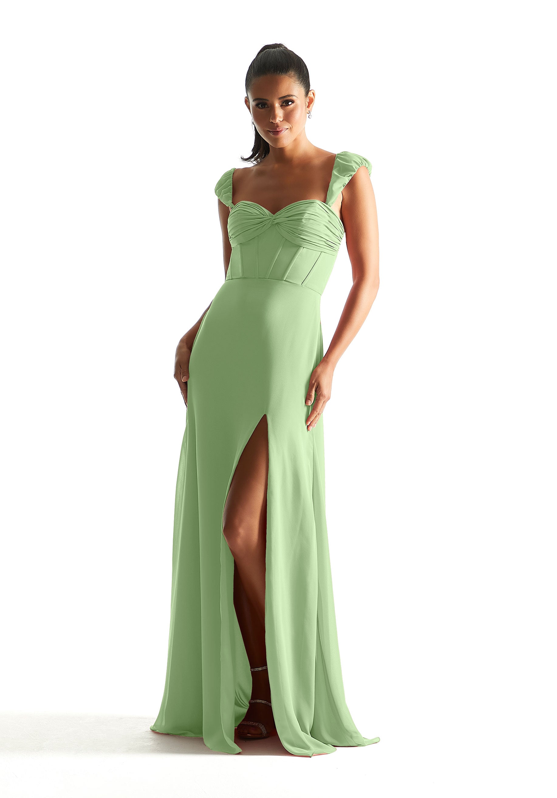 Formal Dresses Slit Long Formal Corset Dress Sage-Chiffon-21855-Corset