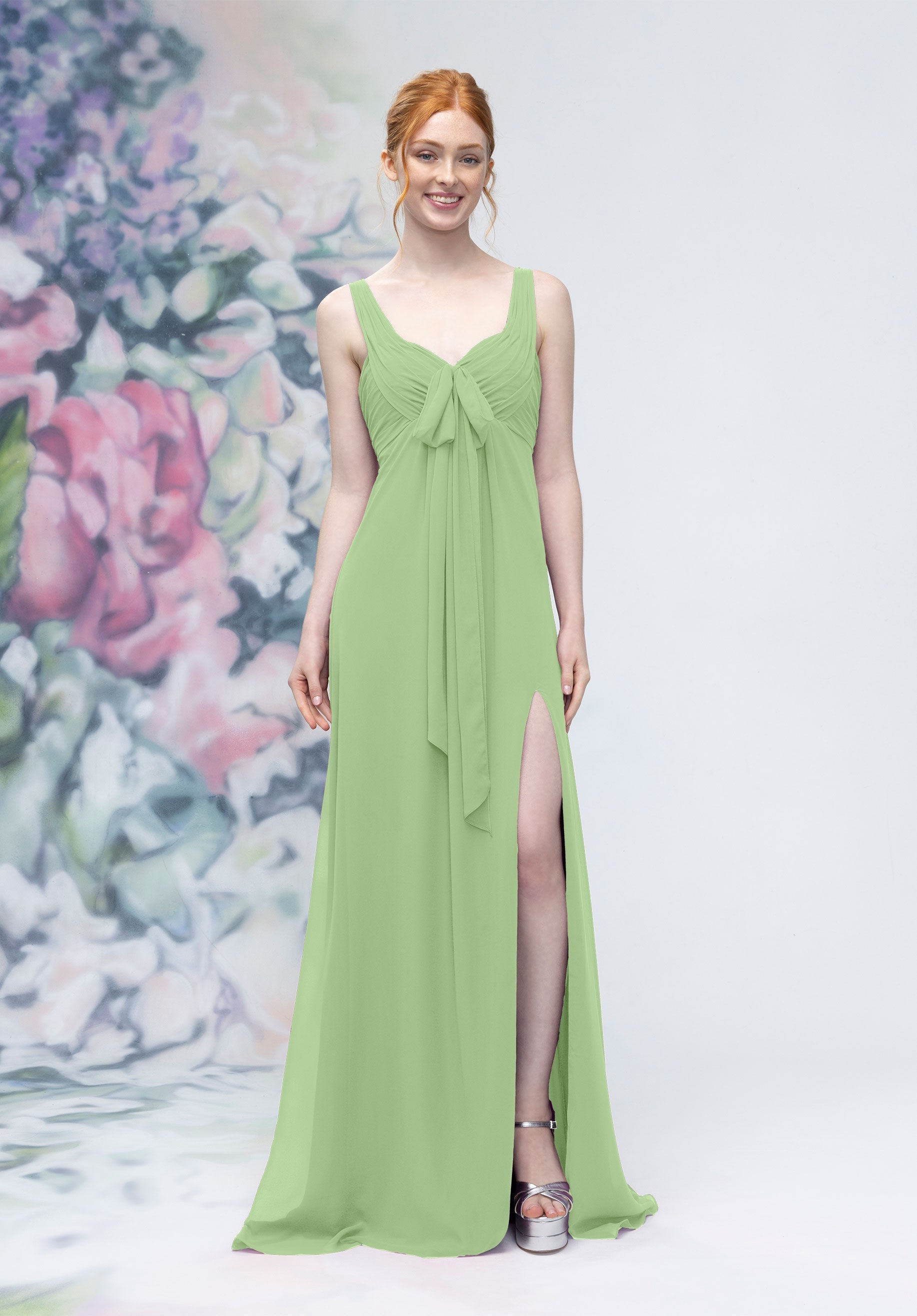 Formal Dresses Long A Line Formal Slit Dress Sage-Chiffon-3030009-Pleated