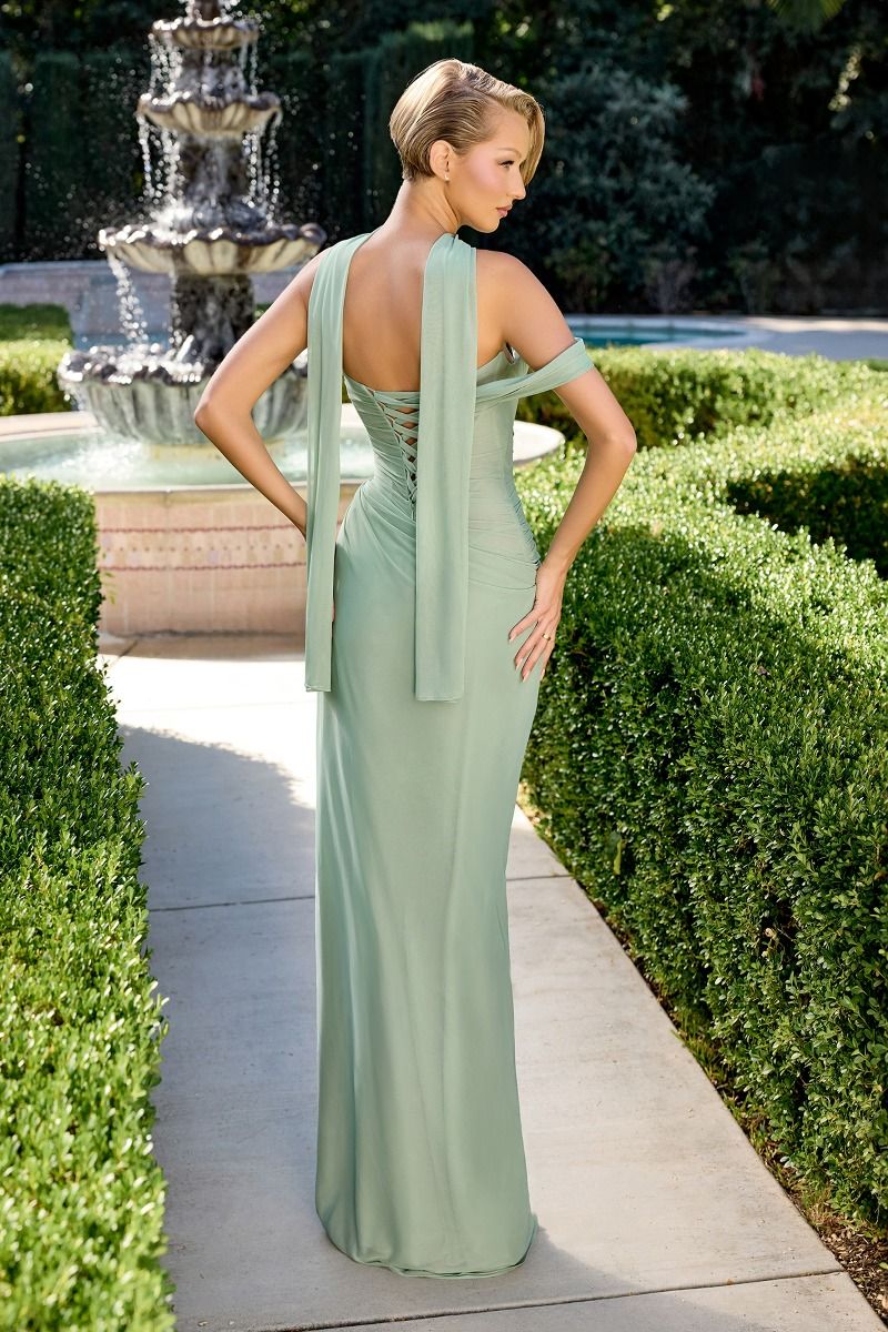 Prom Dresses Corset Fitted Pleated Long Formal Prom Dress Sage-Chiffon-CD406-Fitted