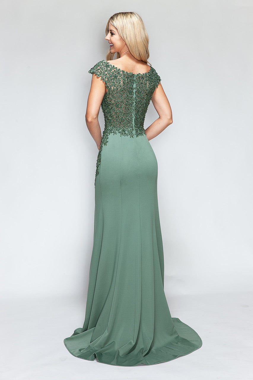 Formal Dresses Beaded Formal Long Floral Dress Lenovia 8343 Sage-Crepe-8343-Beaded