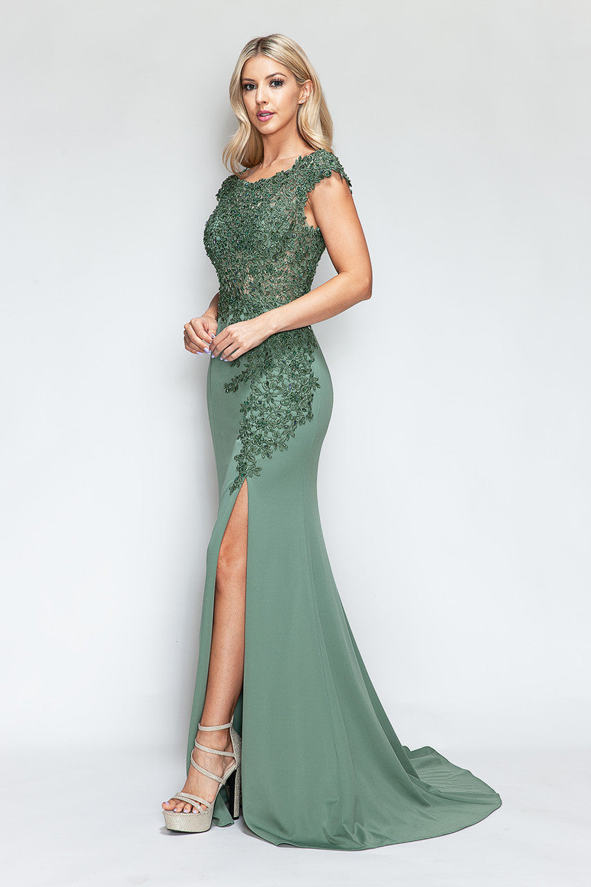 Formal Dresses Beaded Formal Long Floral Dress Lenovia 8343 Sage-Crepe-8343-Beaded