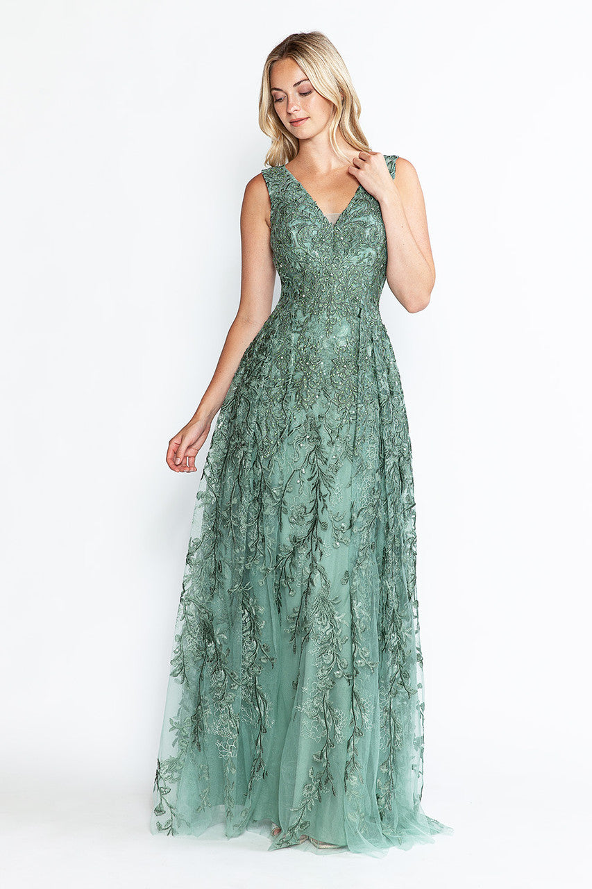Formal Dresses Prom Long Formal Lace Dress Lenovia 8337 Sage-Embroided-8337-Lace