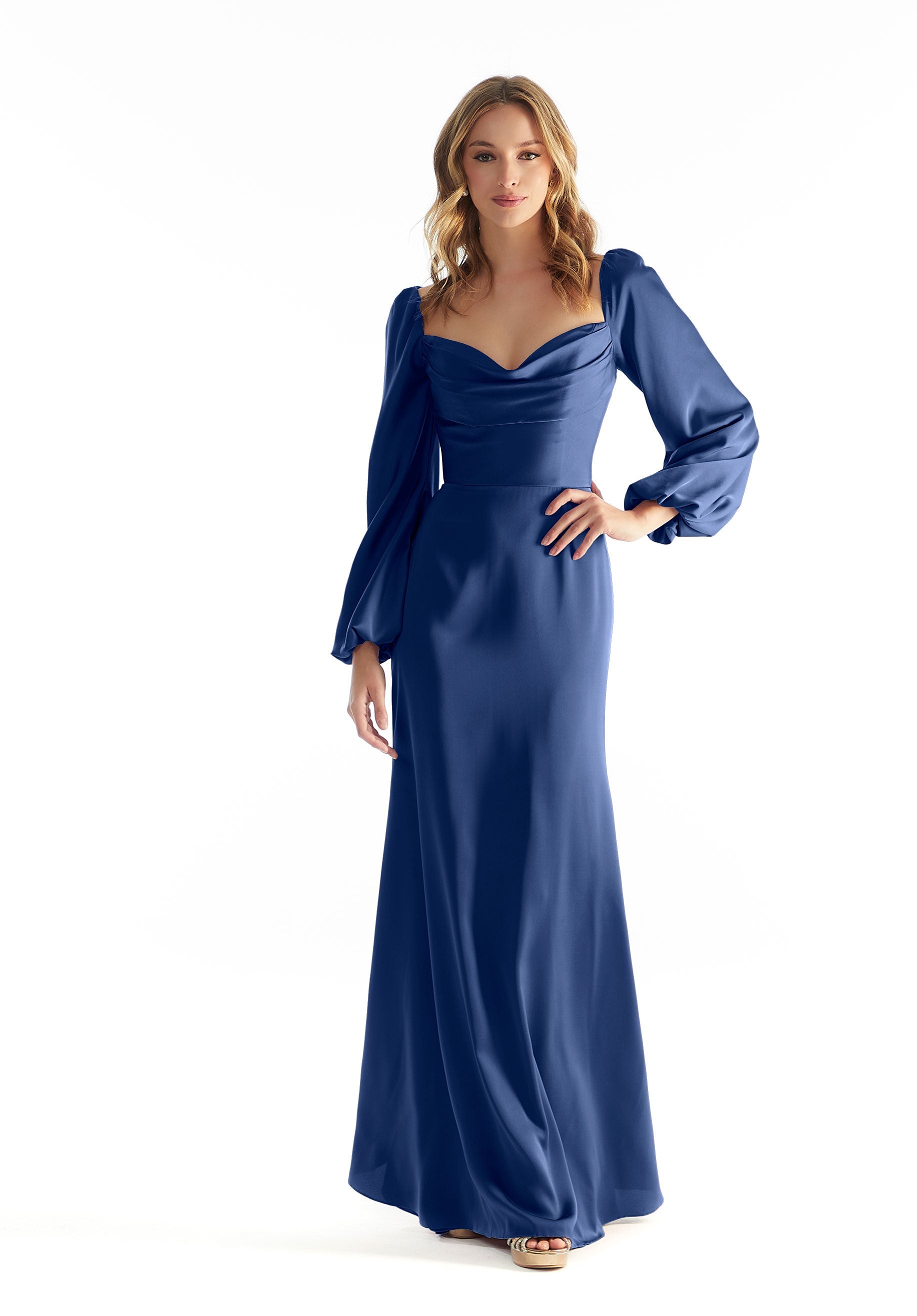 Formal Dresses Lace Long Sleeve Formal Dress Sapphire-Satin-31221-Cowl