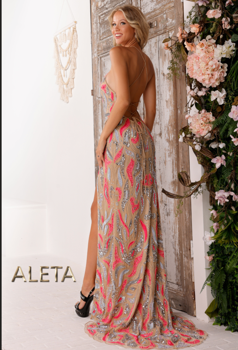 Prom Dresses Fitted Slit Long Formal Beaded Evening Prom Dress Aleta 866 Peri Multi