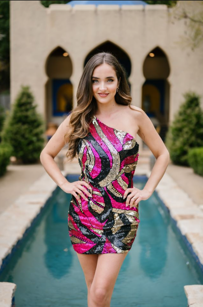 Cocktail Dresses Sequin Pattern Short Homecoming Cocktail Dress Black Fuchsia Multi