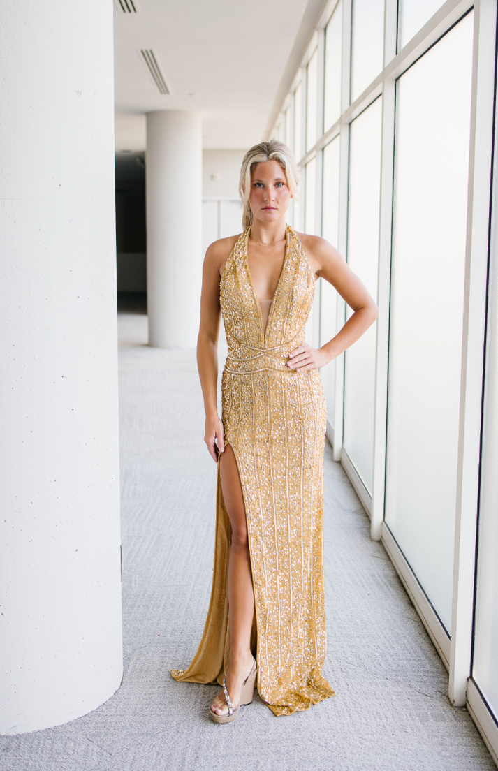 Prom Dresses Long Formal Sequin Fitted Prom Dress Gold