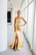 Prom dresses Long Formal Metallic Slit Prom Dress Gold