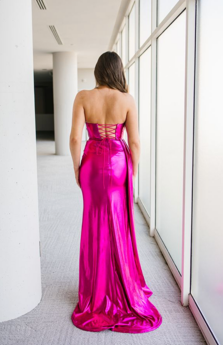 Aleta 1457 Long Formal Metallic Slit Prom Dress