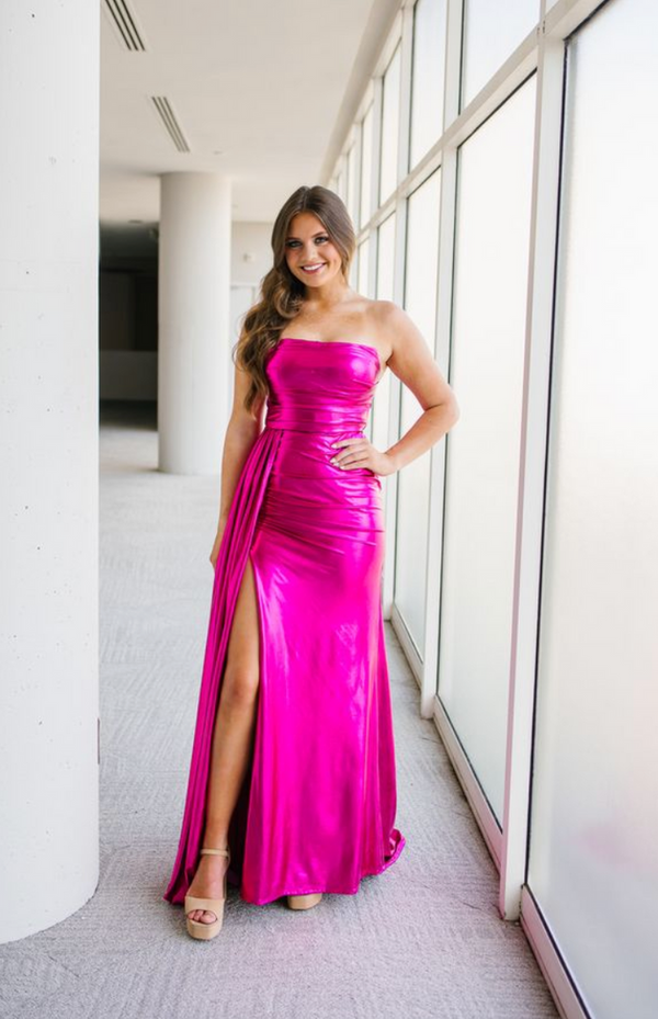 Aleta 1457 Long Formal Metallic Slit Prom Dress