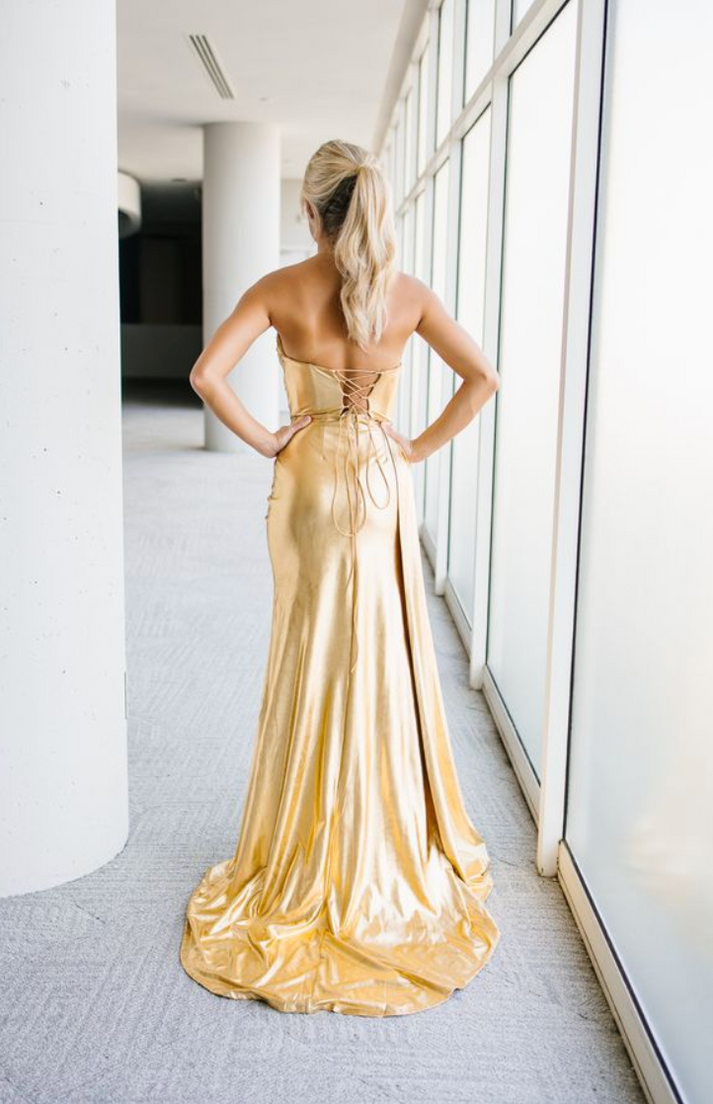 Prom dresses Long Formal Metallic Slit Prom Dress Gold