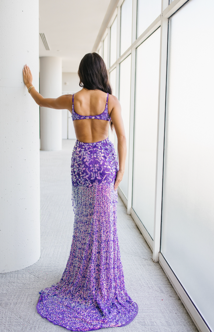 Aleta 1465 Slit Long Formal Sequin Prom Dress