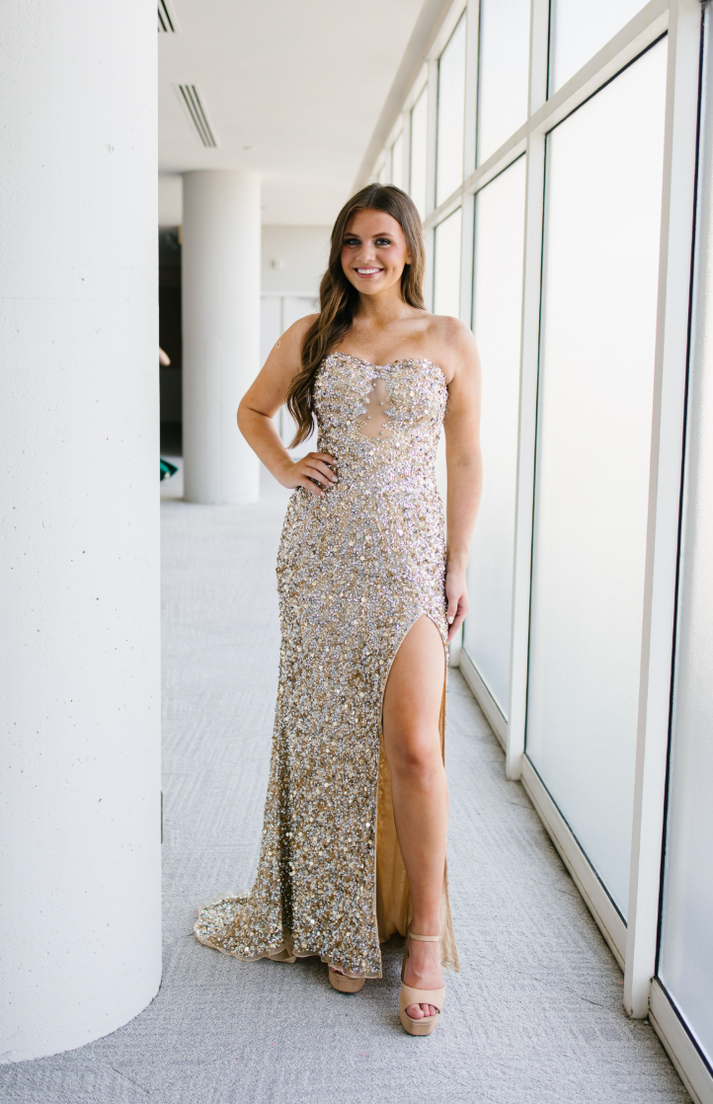Prom Dresses Fitted Sequin Long Formal Prom Dress Champagne