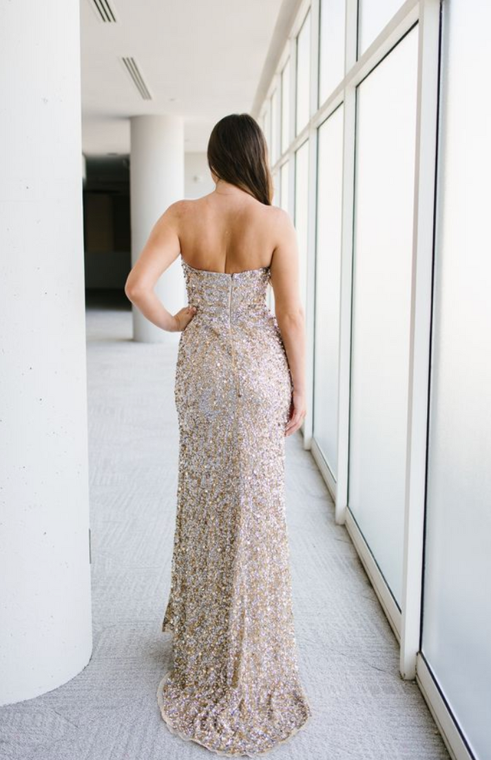 Prom Dresses Fitted Sequin Long Formal Prom Dress Champagne