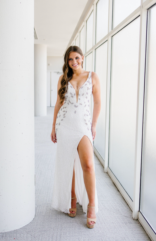 Prom Dresses Long Formal Slit Sequin Prom Dress Ivory