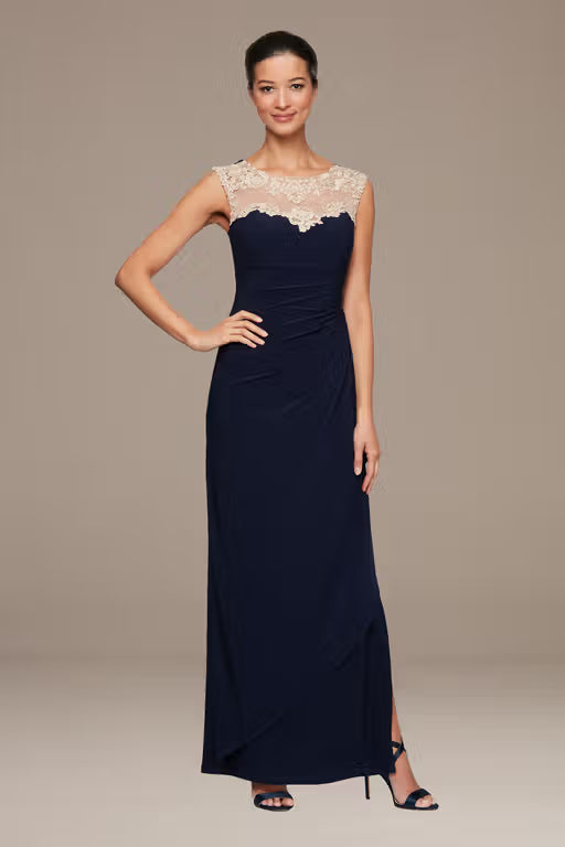Long Sleeveless Crepe Side Ruched Dress with Sweetheart Embroidered Lace Illusion Neckline & Side Slit Alex Evenings 82351473