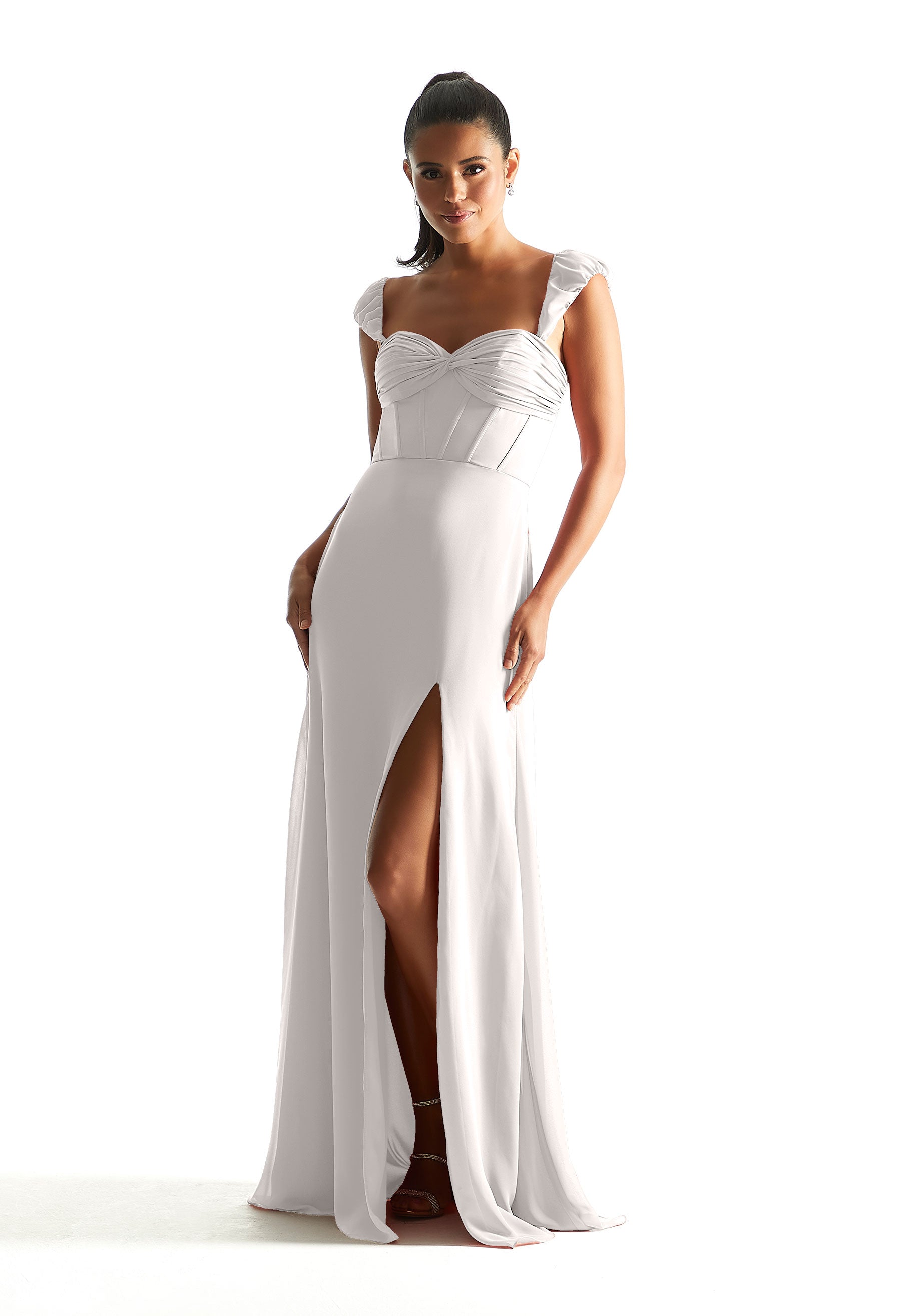 Formal Dresses Long Formal Corset Slit Dress Silver-Chiffon-21855-Corset