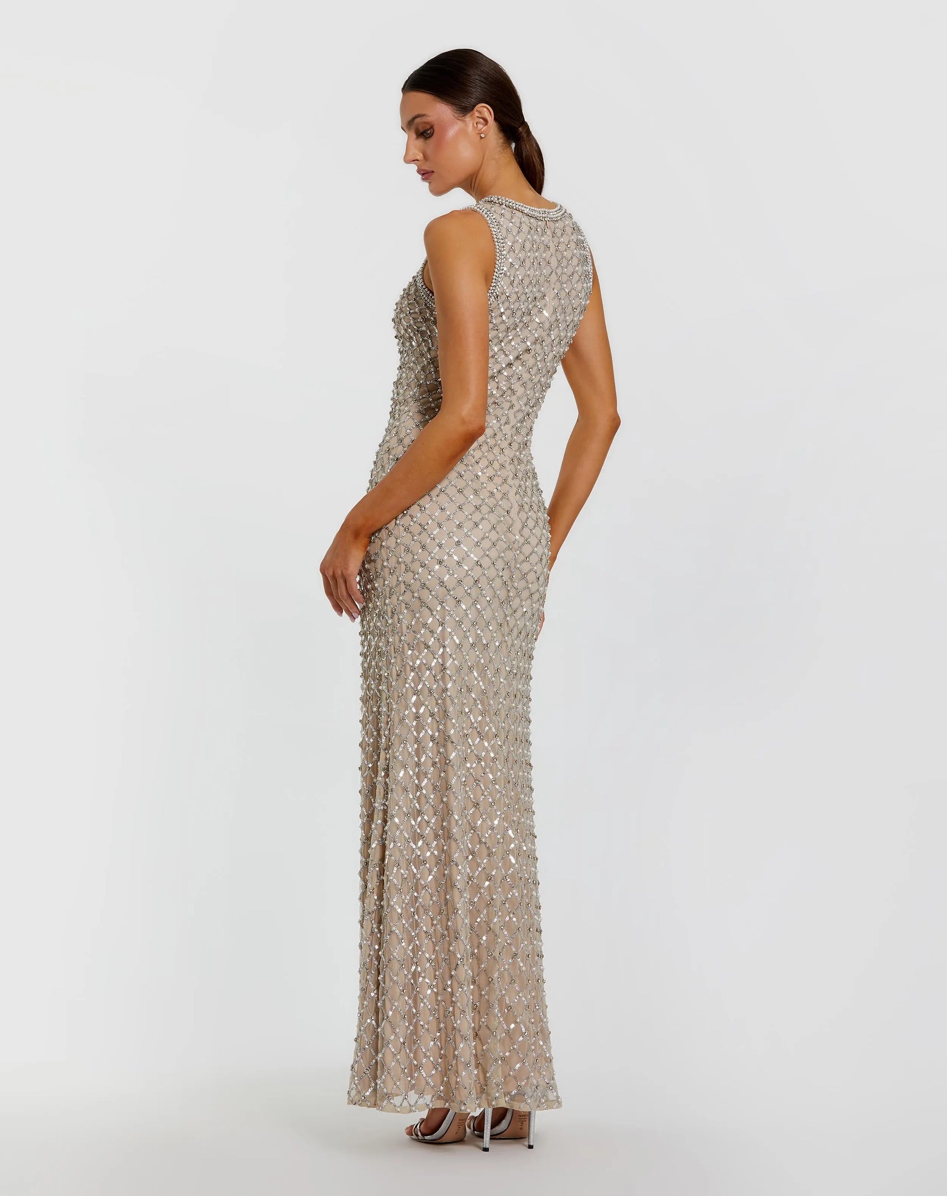 Formal Dresses Fitted Beaded Prom Dress - Long Formal - Mac Duggal 10129 Silver/Nude-Mesh-10129-Beaded
