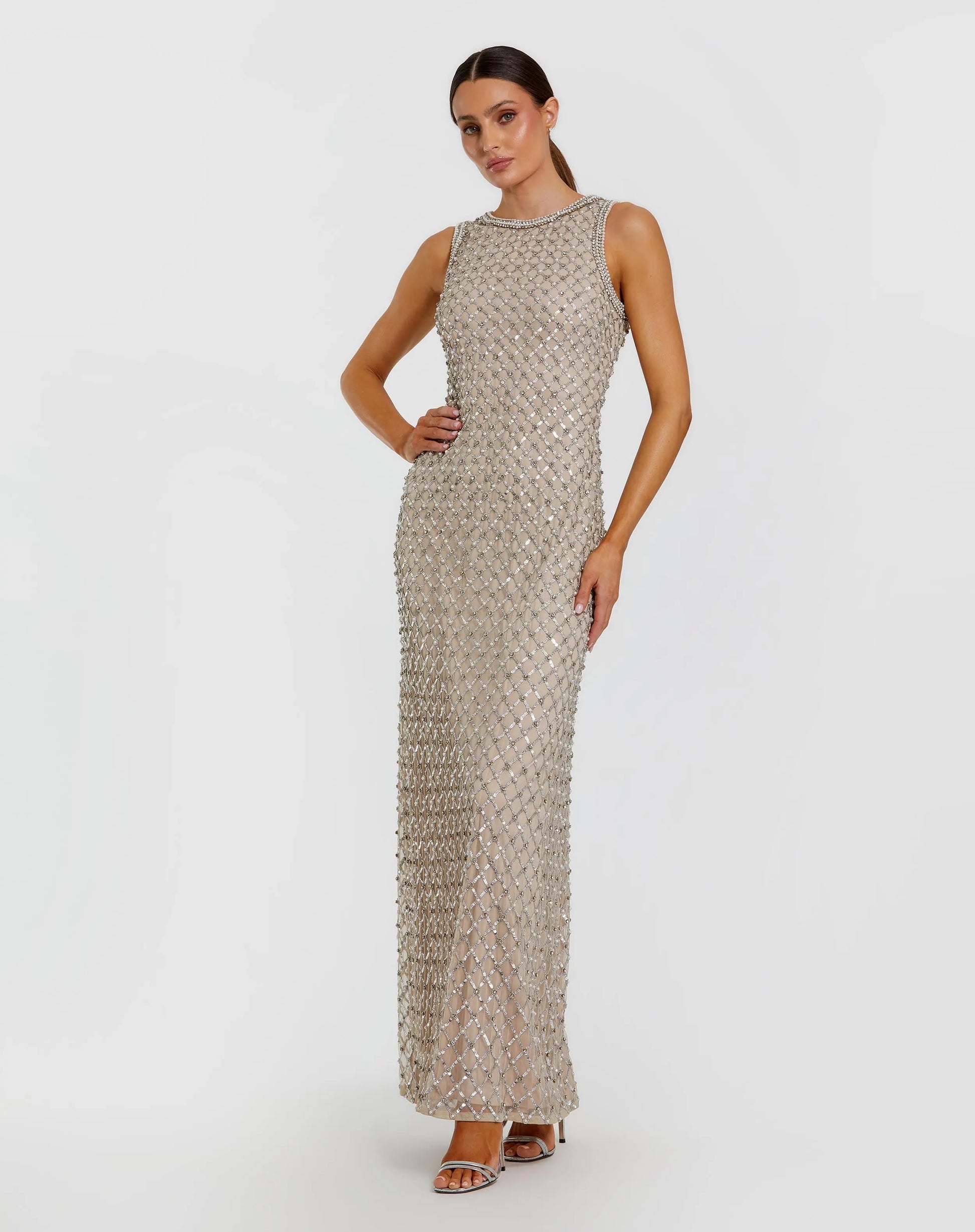 Formal Dresses Fitted Beaded Prom Dress - Long Formal - Mac Duggal 10129 Silver/Nude-Mesh-10129-Beaded