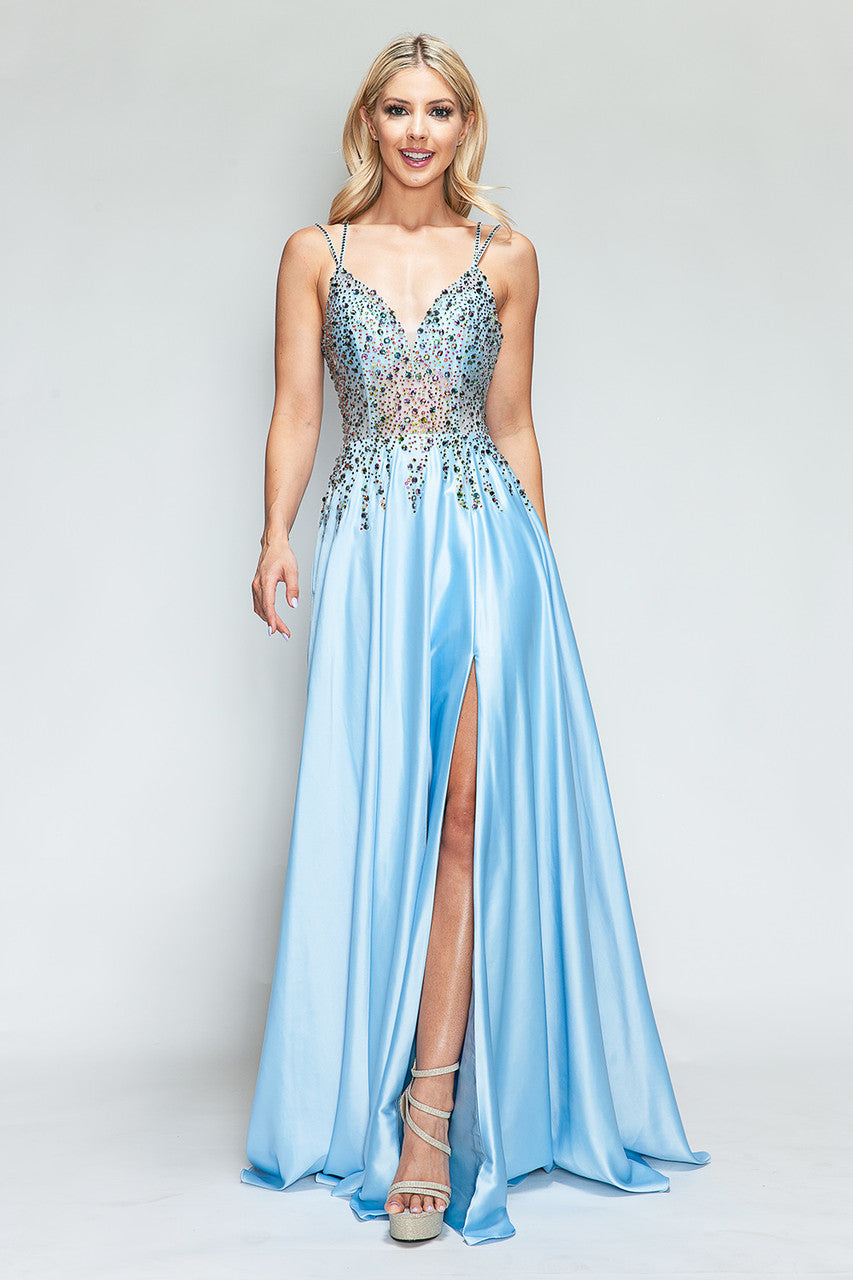 Prom Dresses Slit Prom Long Formal Dress Lenovia 8331 Sky Blue-Satin-8331-Beaded