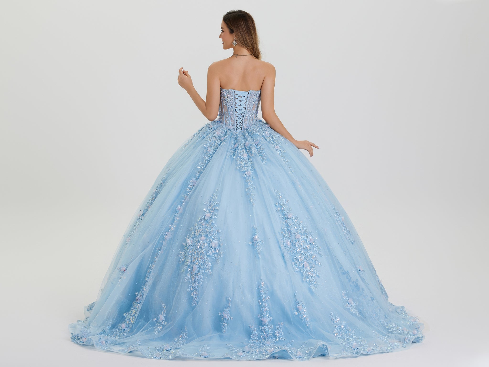 Quinceniera Dresses Long Floral Beaded Formal Corset Ball Gown Quinceanera Dress Sky Blue-Tulle-26421-Beaded