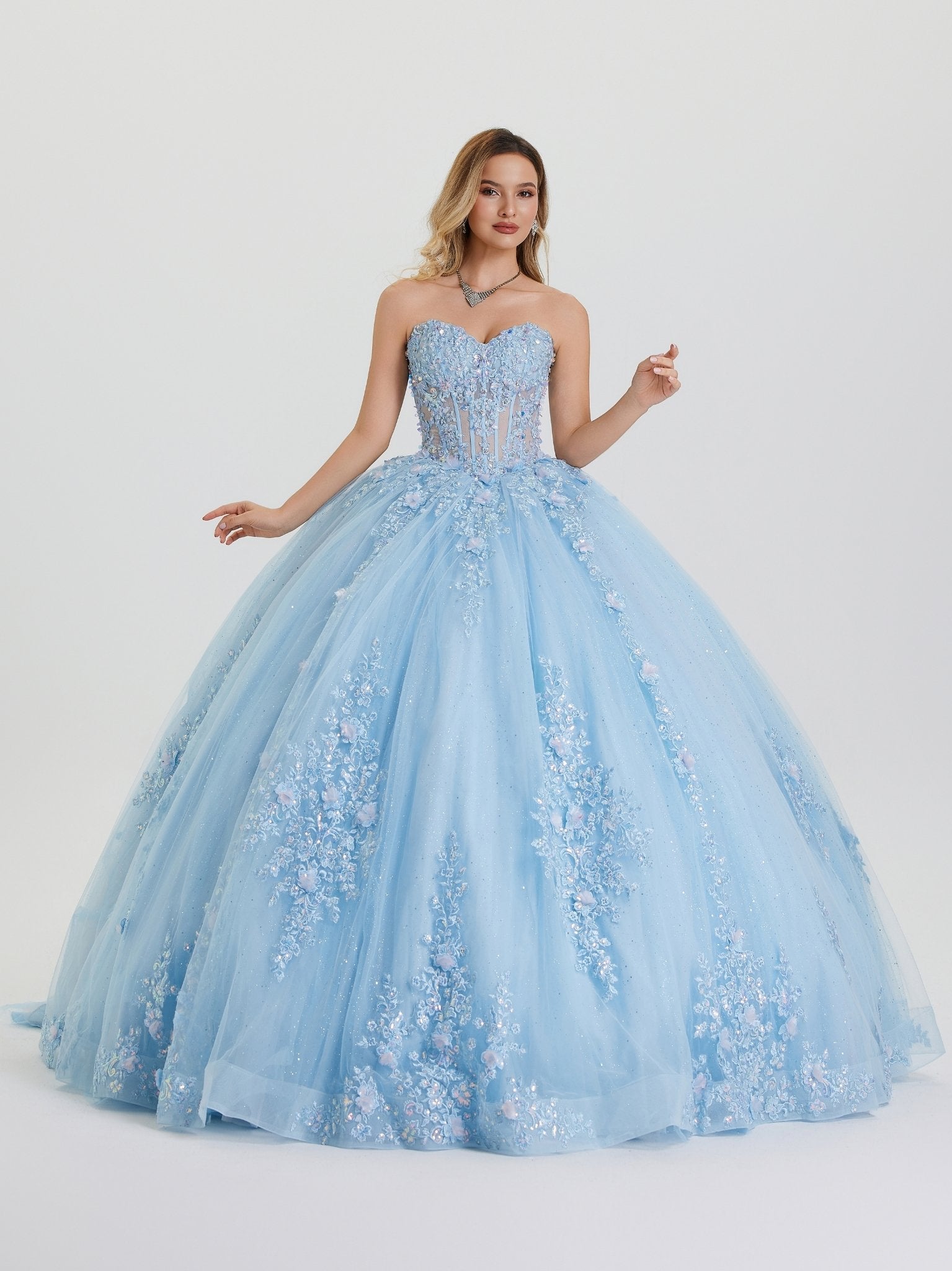 Quinceniera Dresses Long Floral Beaded Formal Corset Ball Gown Quinceanera Dress Sky Blue-Tulle-26421-Beaded