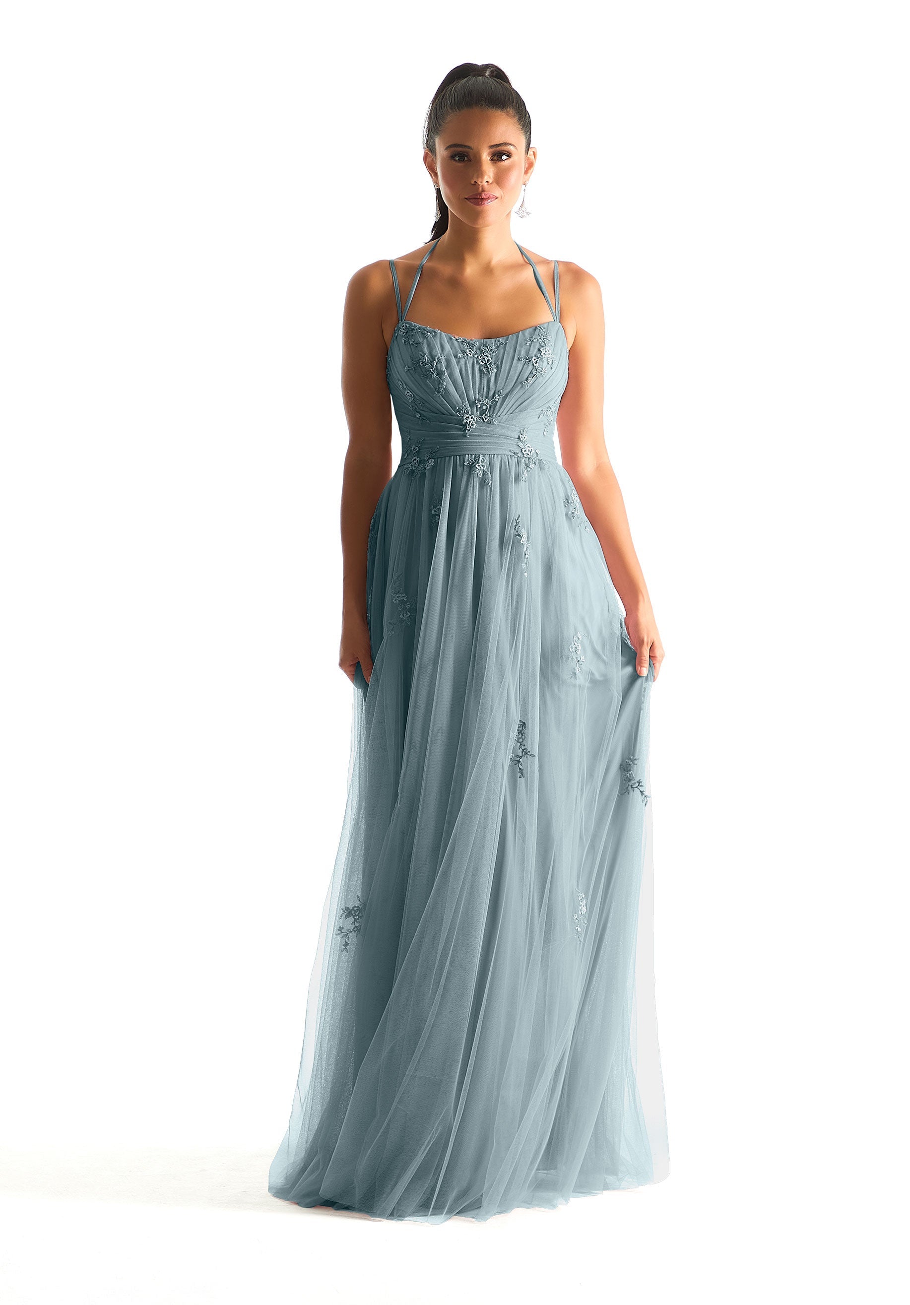 Formal Dresses Pleated Floral Long Formal Dress Slate-Net-21843-Pleated