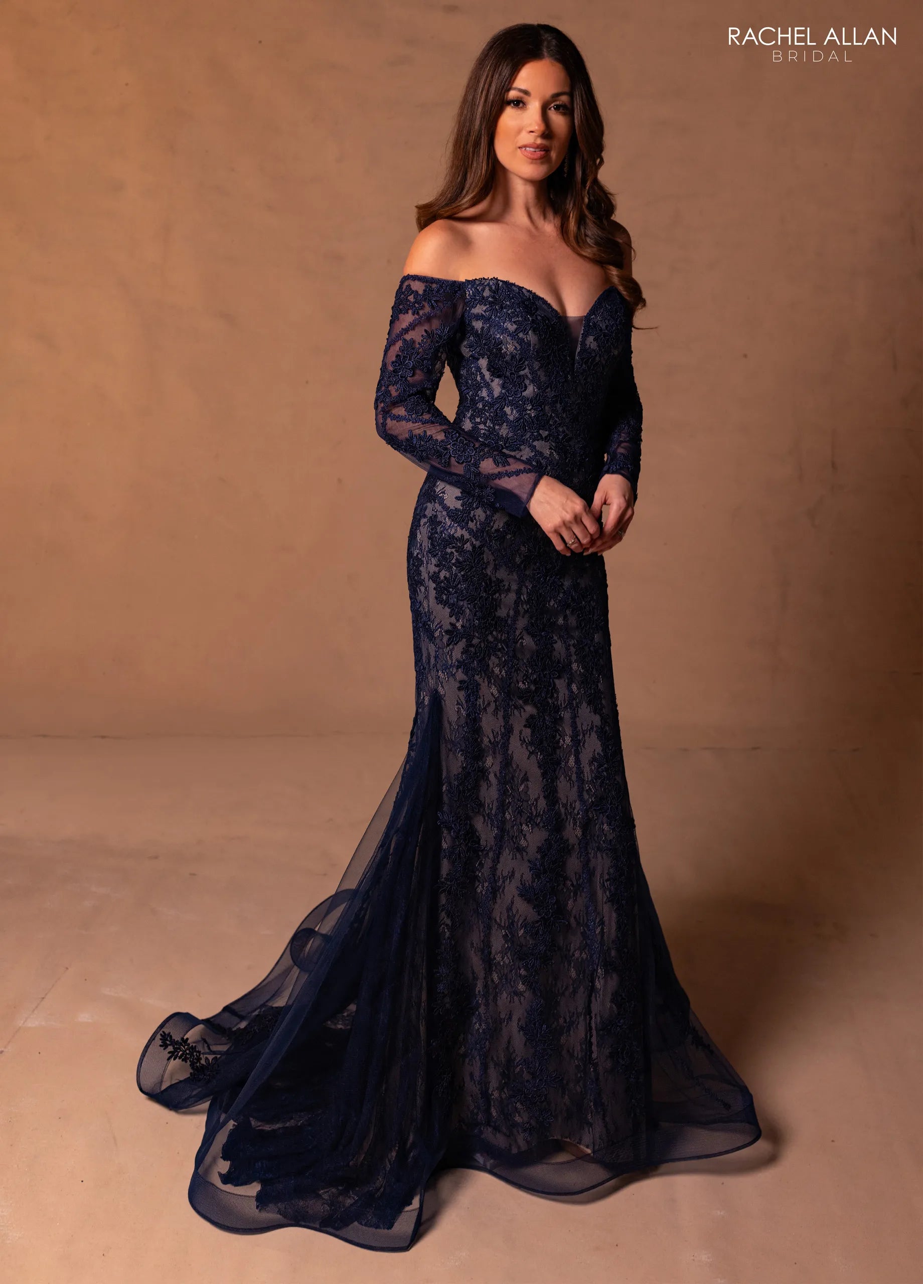 Midnight Champagne Off-the-Shoulder Floor-Length Lace Mother of the Bride Dress with Illusion Long Sleeves Rachel Allan RB8192