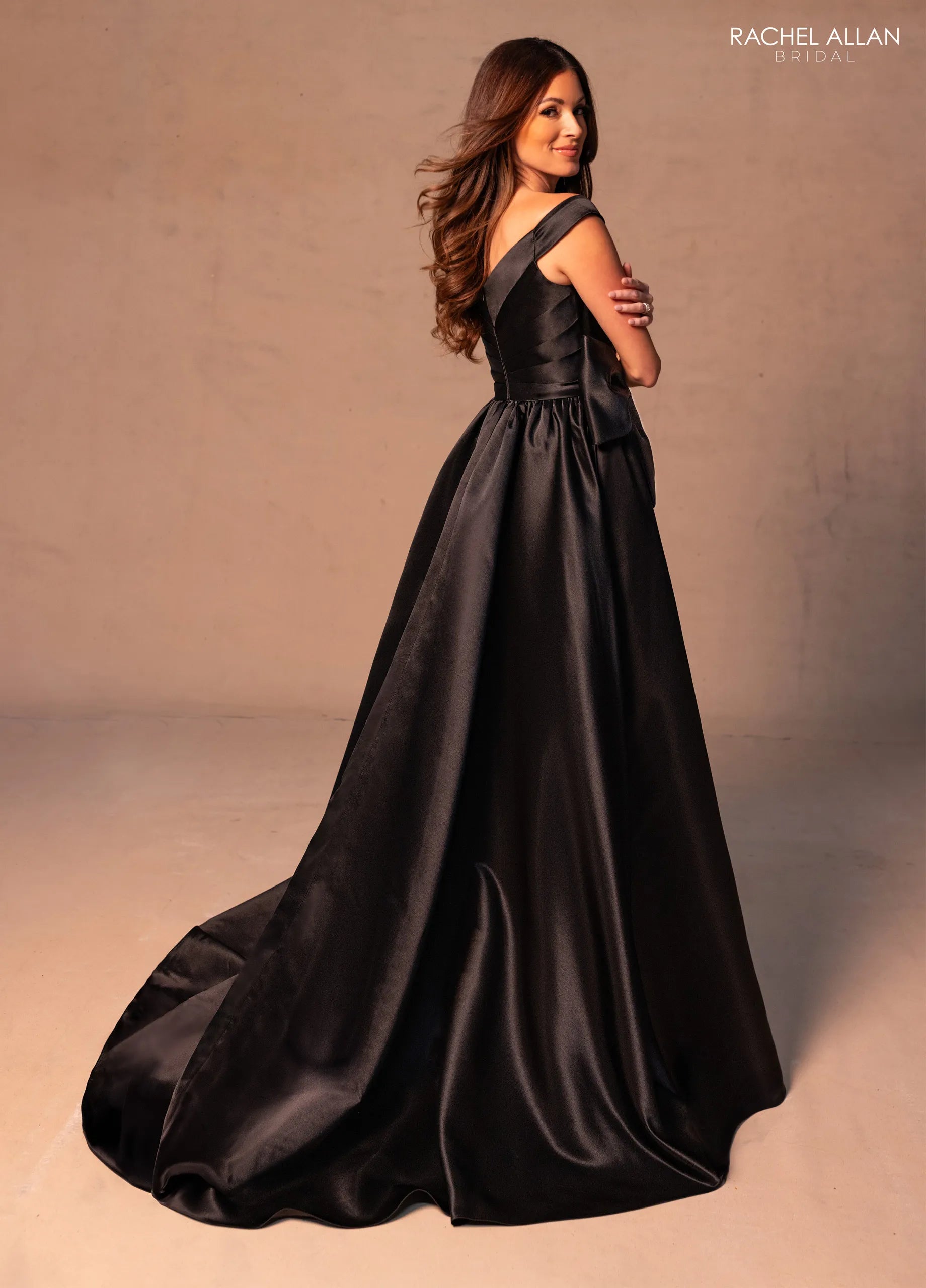 Black Off-the-Shoulder Floor-Length Satin Formal Dress with Oversized Bow Rachel Allan RB8186
