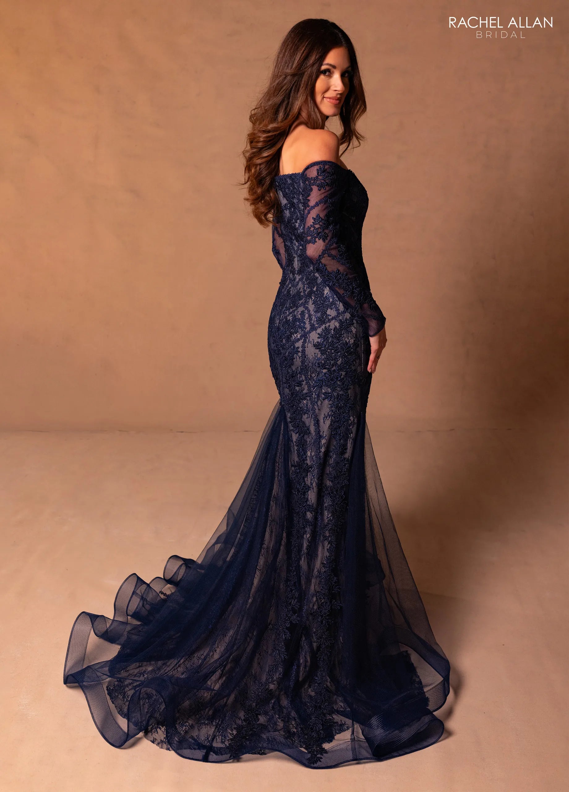 Midnight Champagne Off-the-Shoulder Floor-Length Lace Mother of the Bride Dress with Illusion Long Sleeves Rachel Allan RB8192