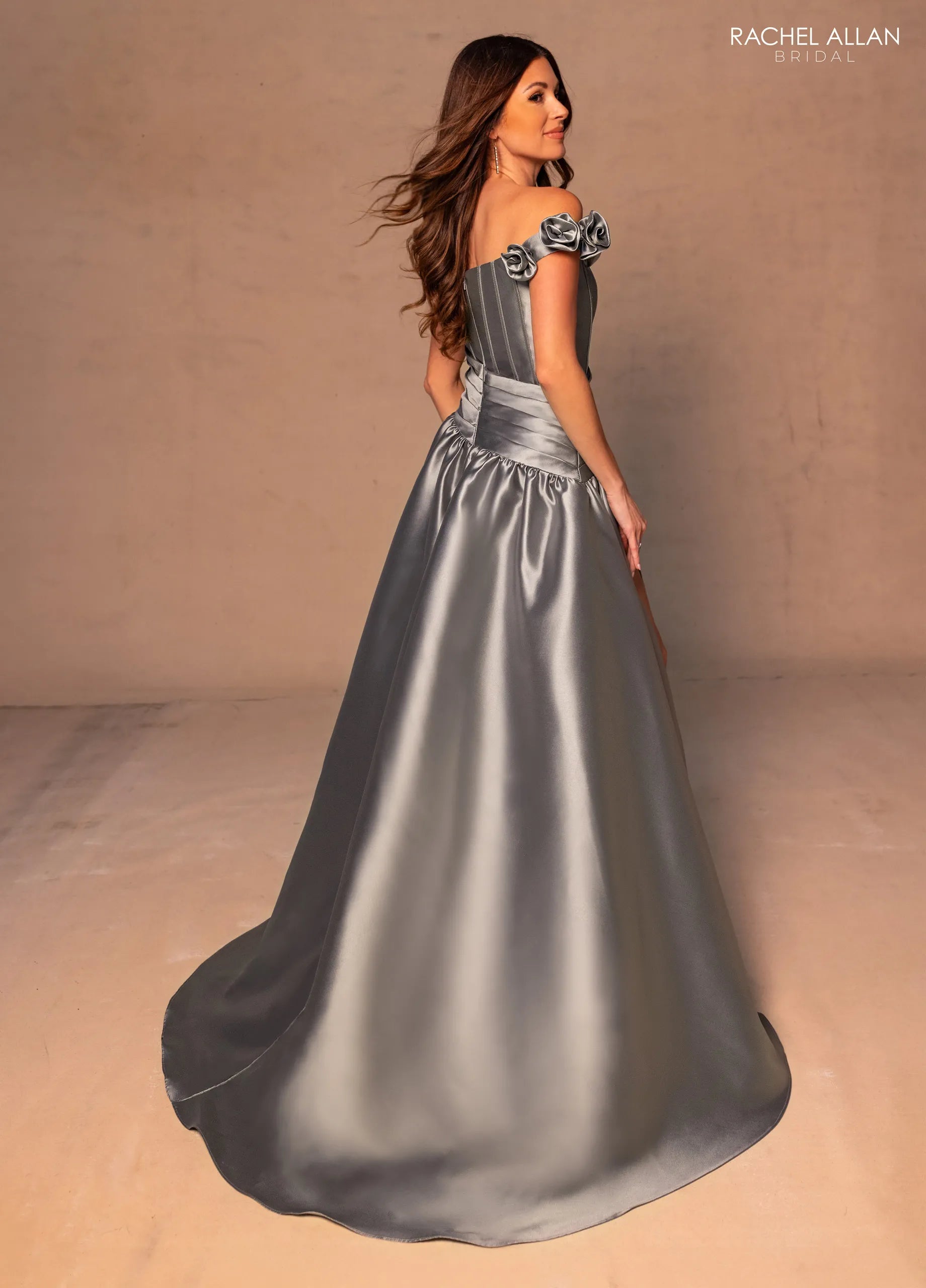 Charcoal Off-the-Shoulder Floor-Length Satin Formal Dress with High Slit Rachel Allan RB8177