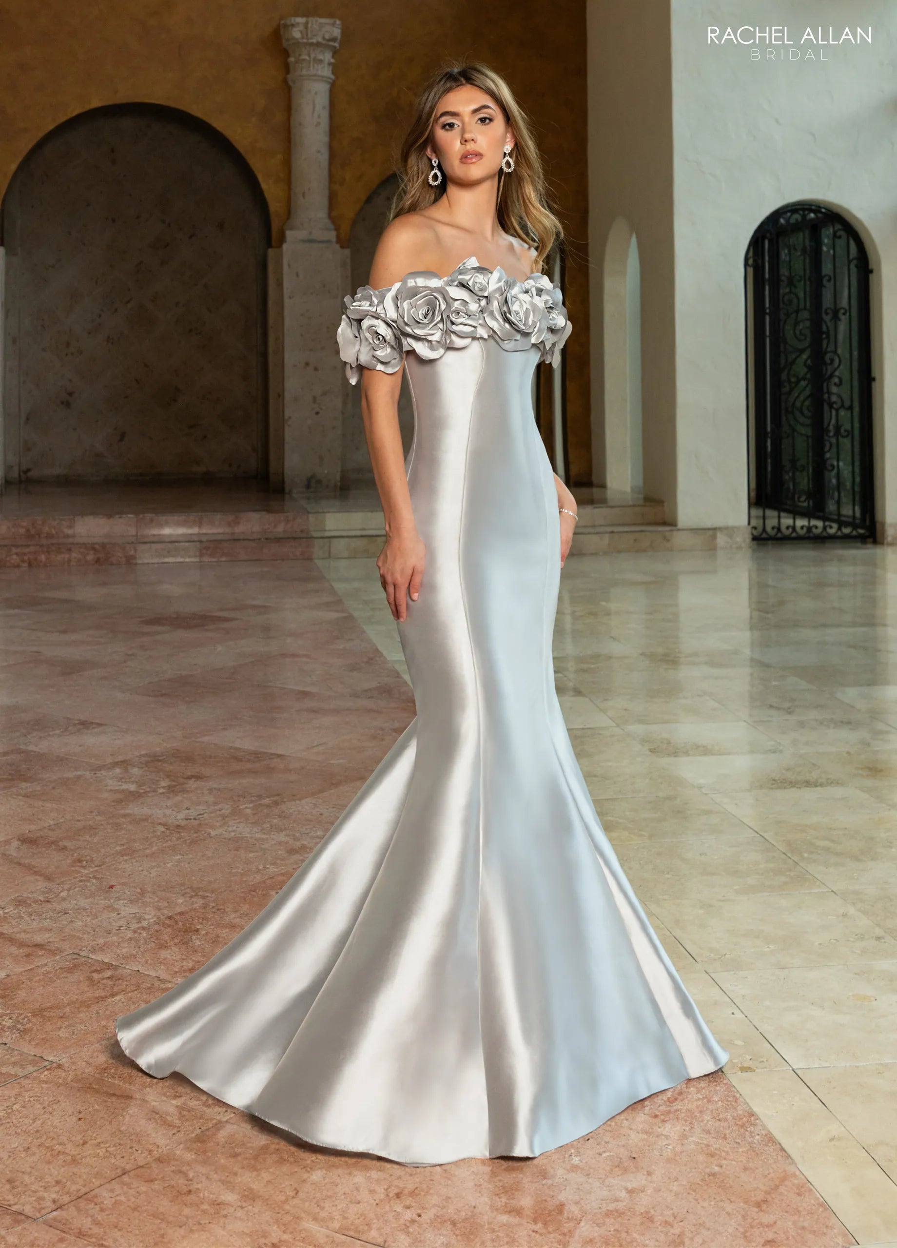 Platinum Off-the-Shoulder Floor-Length Mikado Formal Gown with 3D Floral Appliques Rachel Allan RB8221