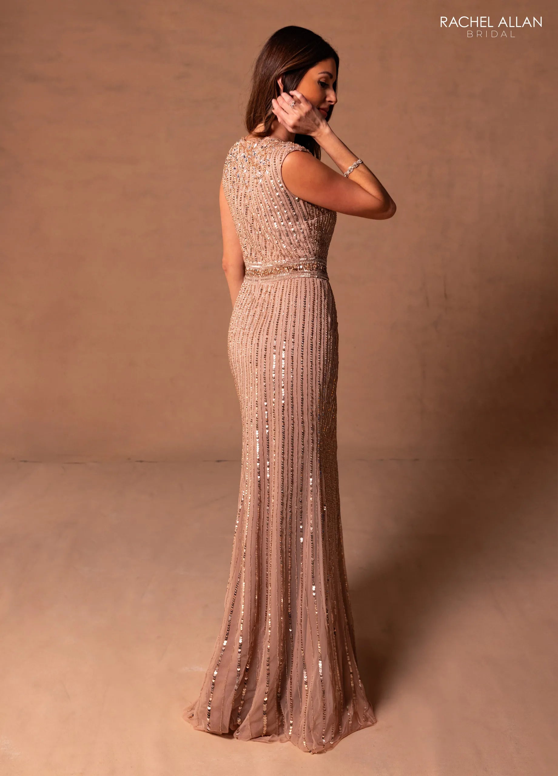 Blush Rose Gold High Neck Floor-Length Beaded Tulle Formal Gown with Waist Detail Rachel Allan RB8185