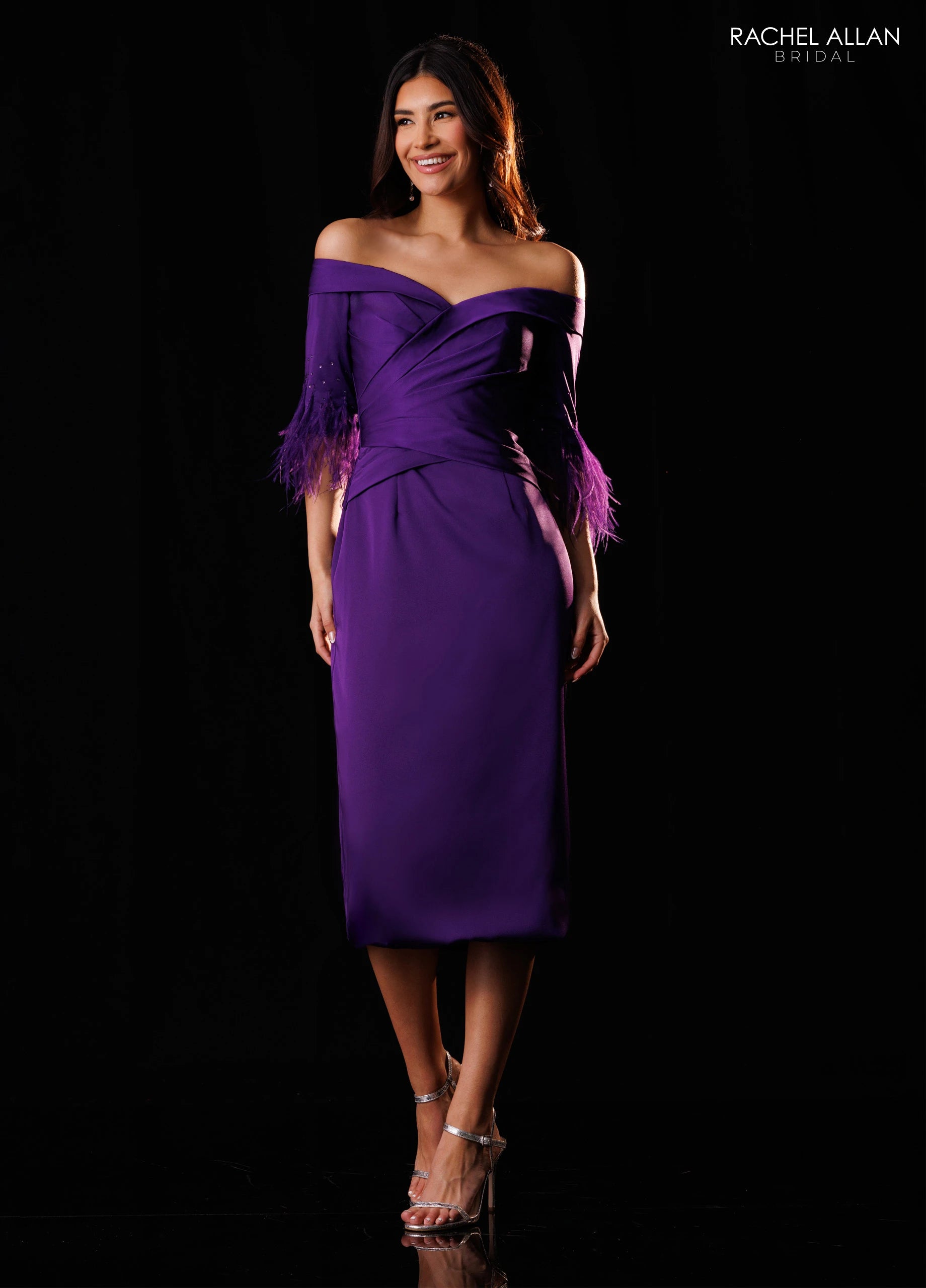 Off-the-Shoulder Midi Satin Formal Sheath/Column Rachel Allan RB8248