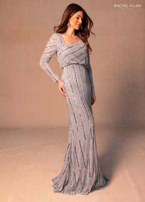 Square Neck Floor-Length Beaded Tulle Mother of the Bride Dress with Long Sleeves Rachel Allan RB8175