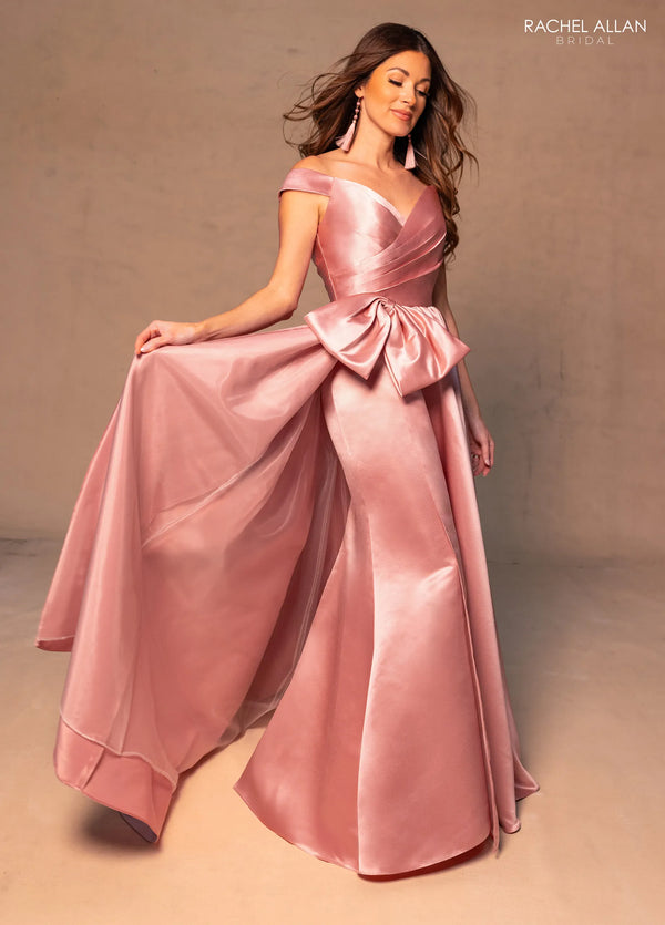 Off-the-Shoulder Floor-Length Satin Formal Dress with Oversized Bow Rachel Allan RB8186