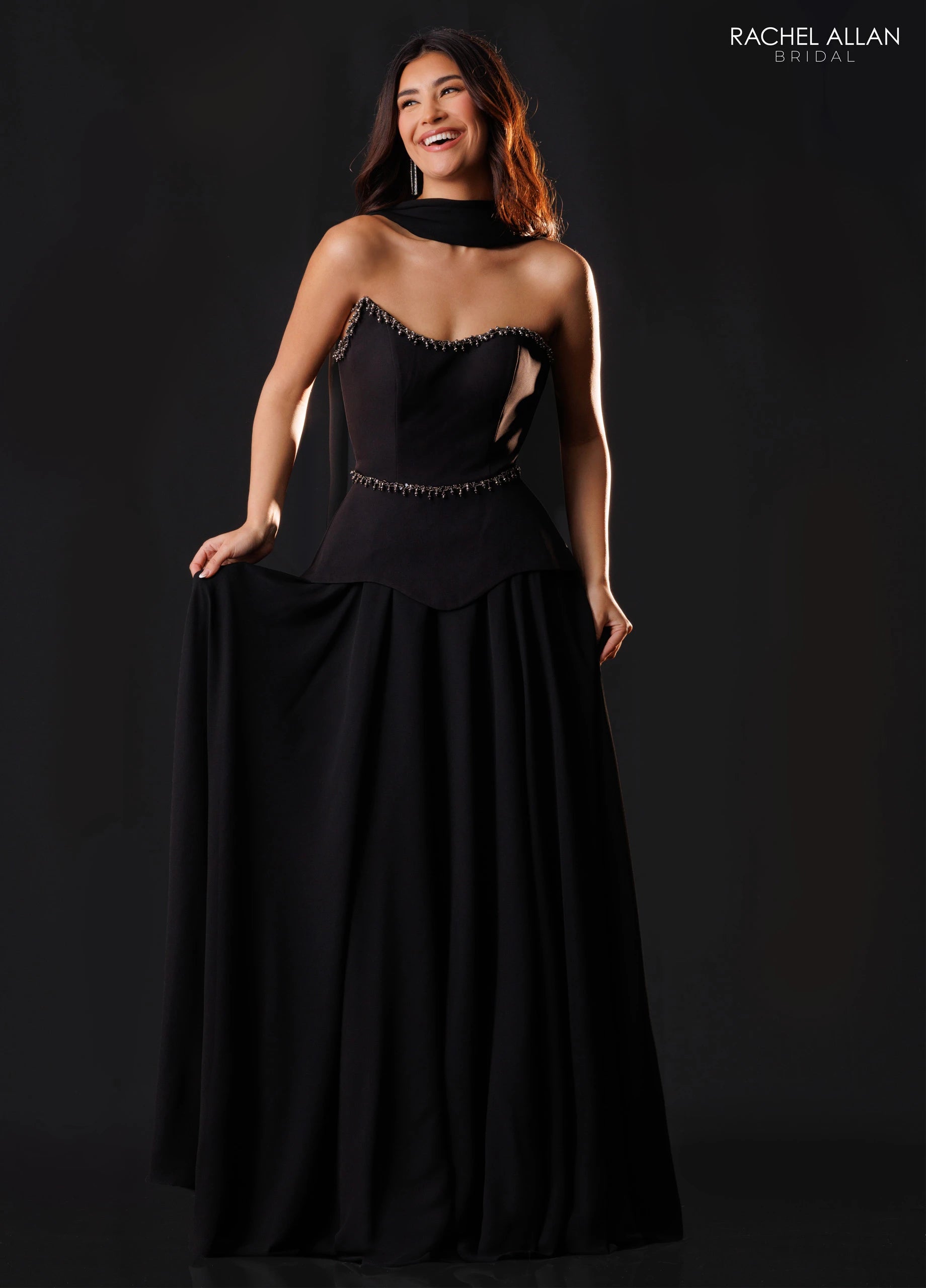 Strapless Curved Neck Floor-Length Satin Formal A-Line Rachel Allan RB8237