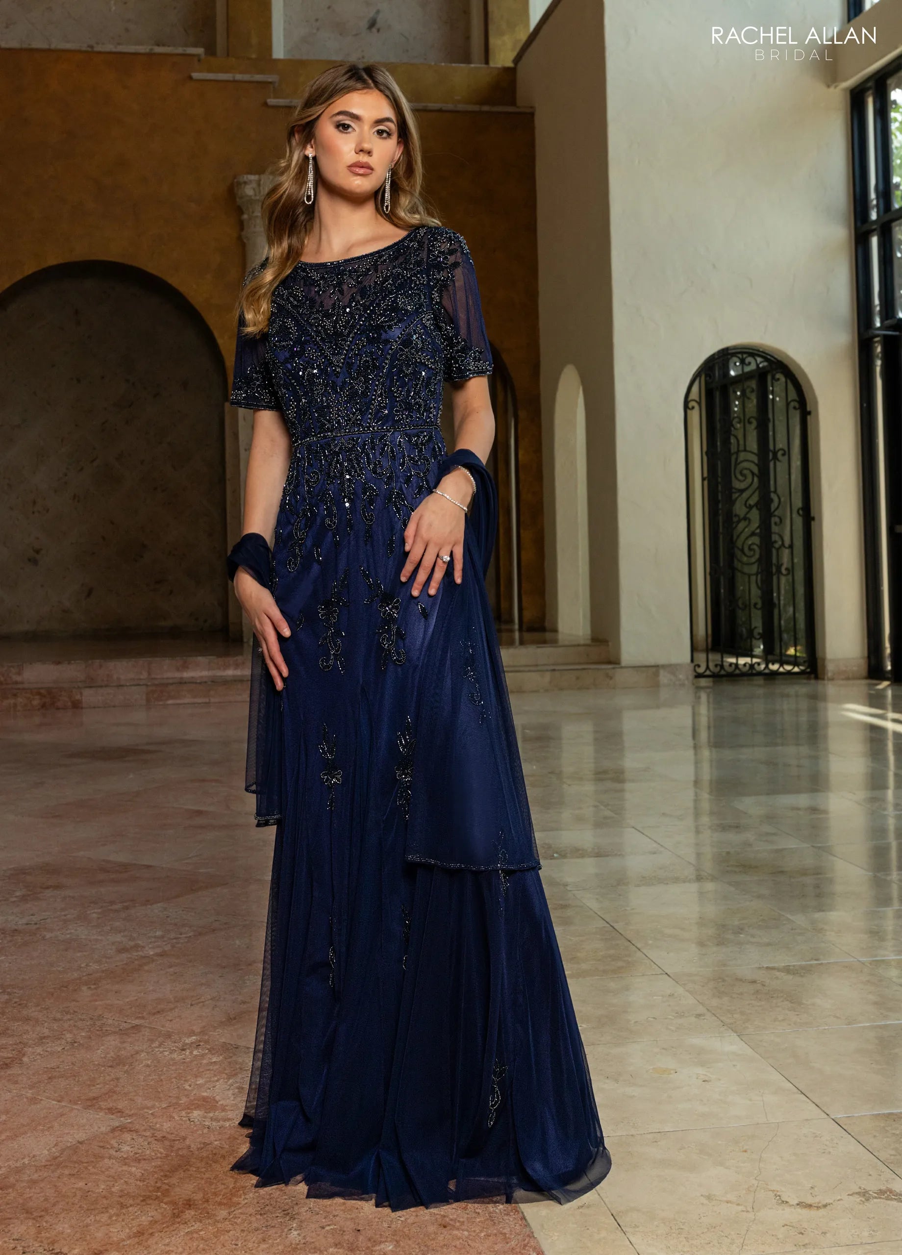 Navy Illusion Floor-Length Tulle Formal Gown with Flutter Sleeves Rachel Allan RB8205