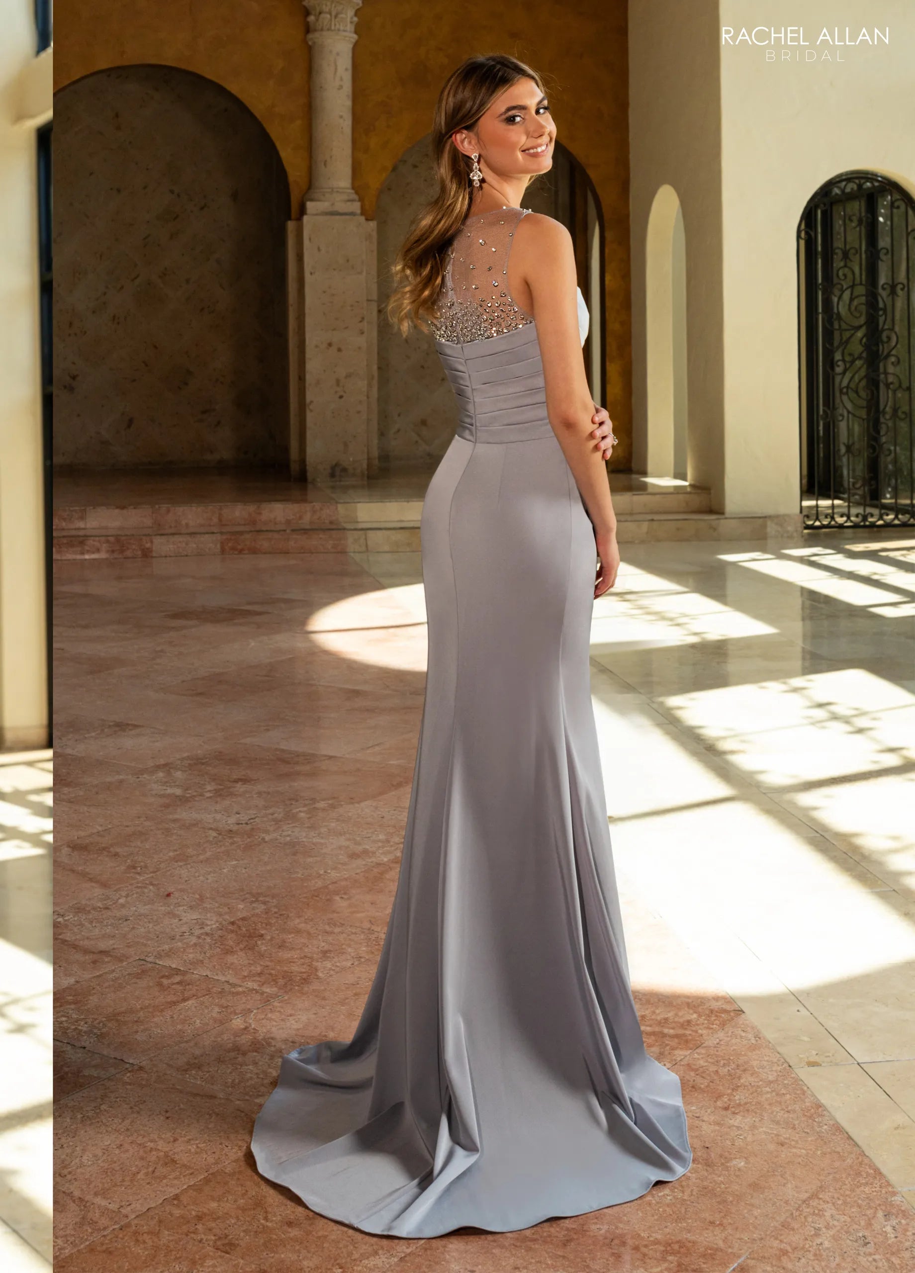 Gunmetal Silver Illusion Scoop Neckline Floor-Length Satin Formal Gown with Cascading Ruffles Rachel Allan RB8209