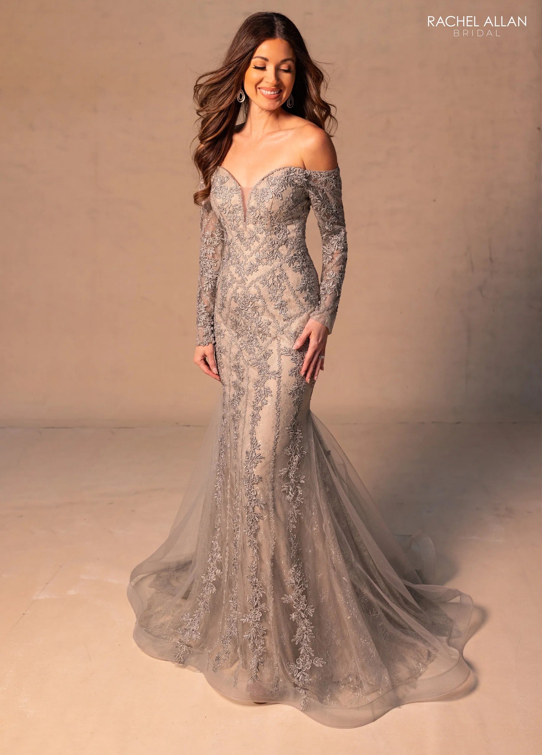 Silver Champagne Off-the-Shoulder Floor-Length Lace Mother of the Bride Dress with Illusion Long Sleeves Rachel Allan RB8192