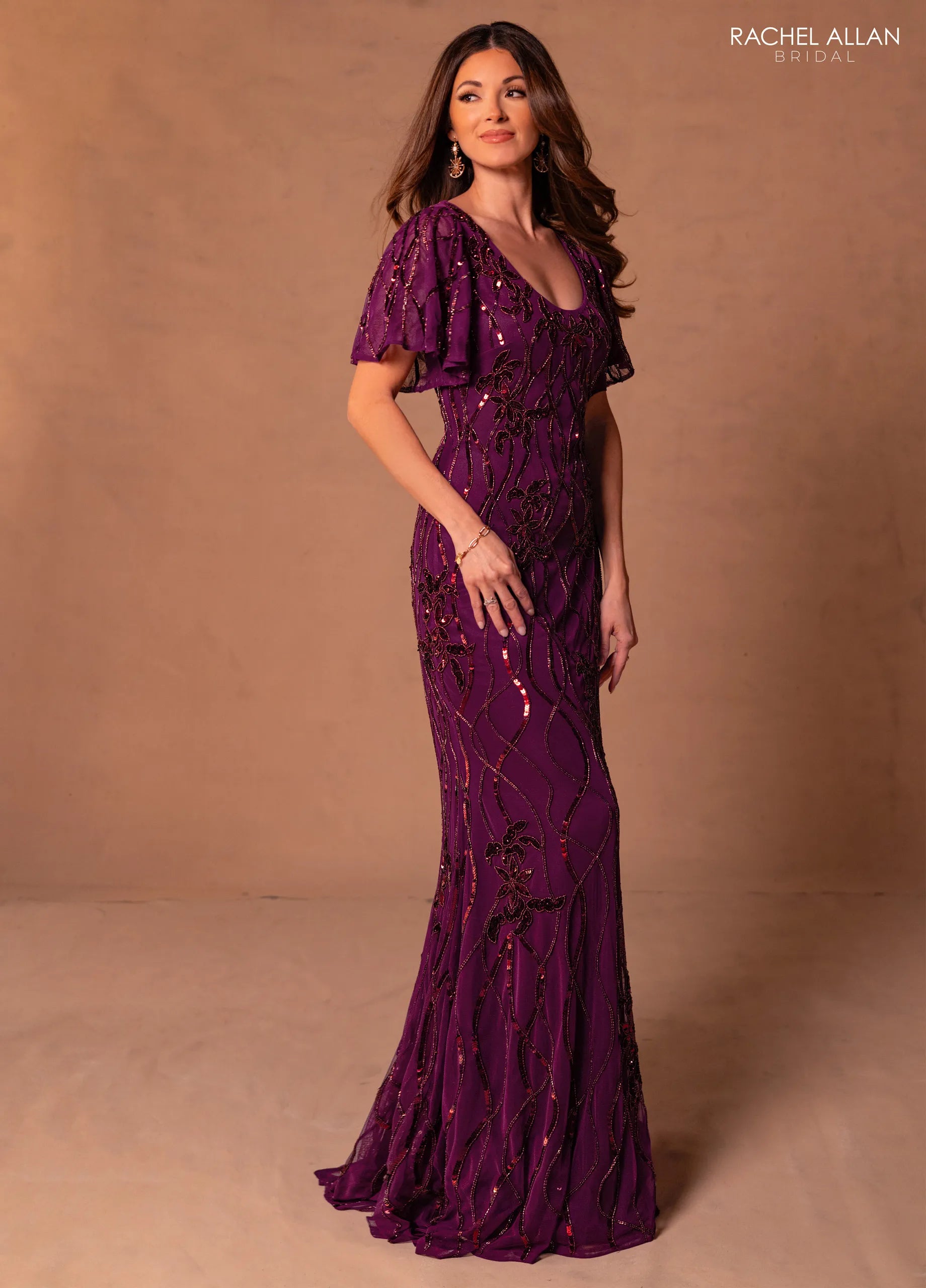 Scoop Neck Floor-Length Beaded Tulle Mother of the Bride Dress with Flutter Sleeves Rachel Allan RB8179
