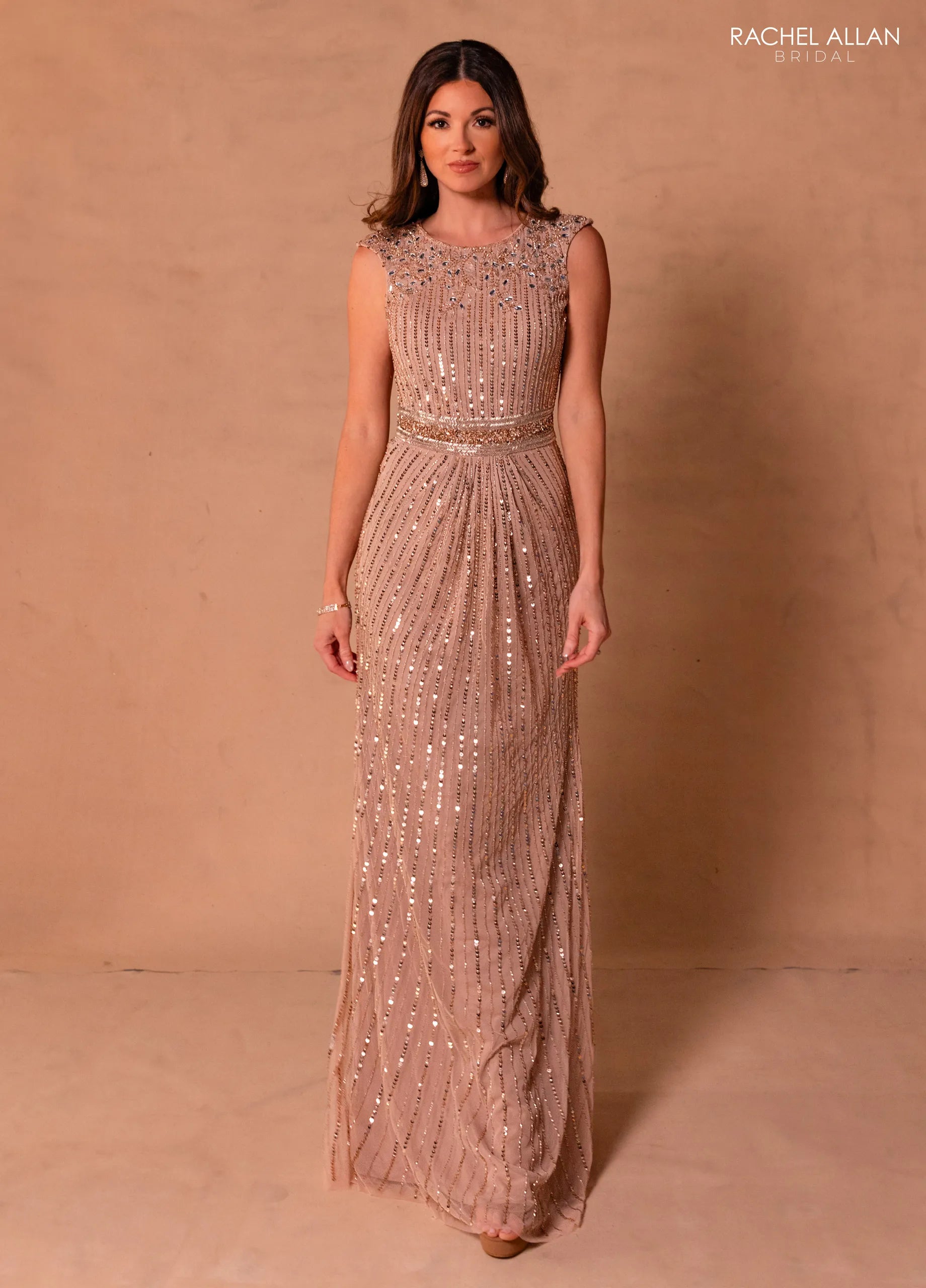 Blush Rose Gold High Neck Floor-Length Beaded Tulle Formal Gown with Waist Detail Rachel Allan RB8185
