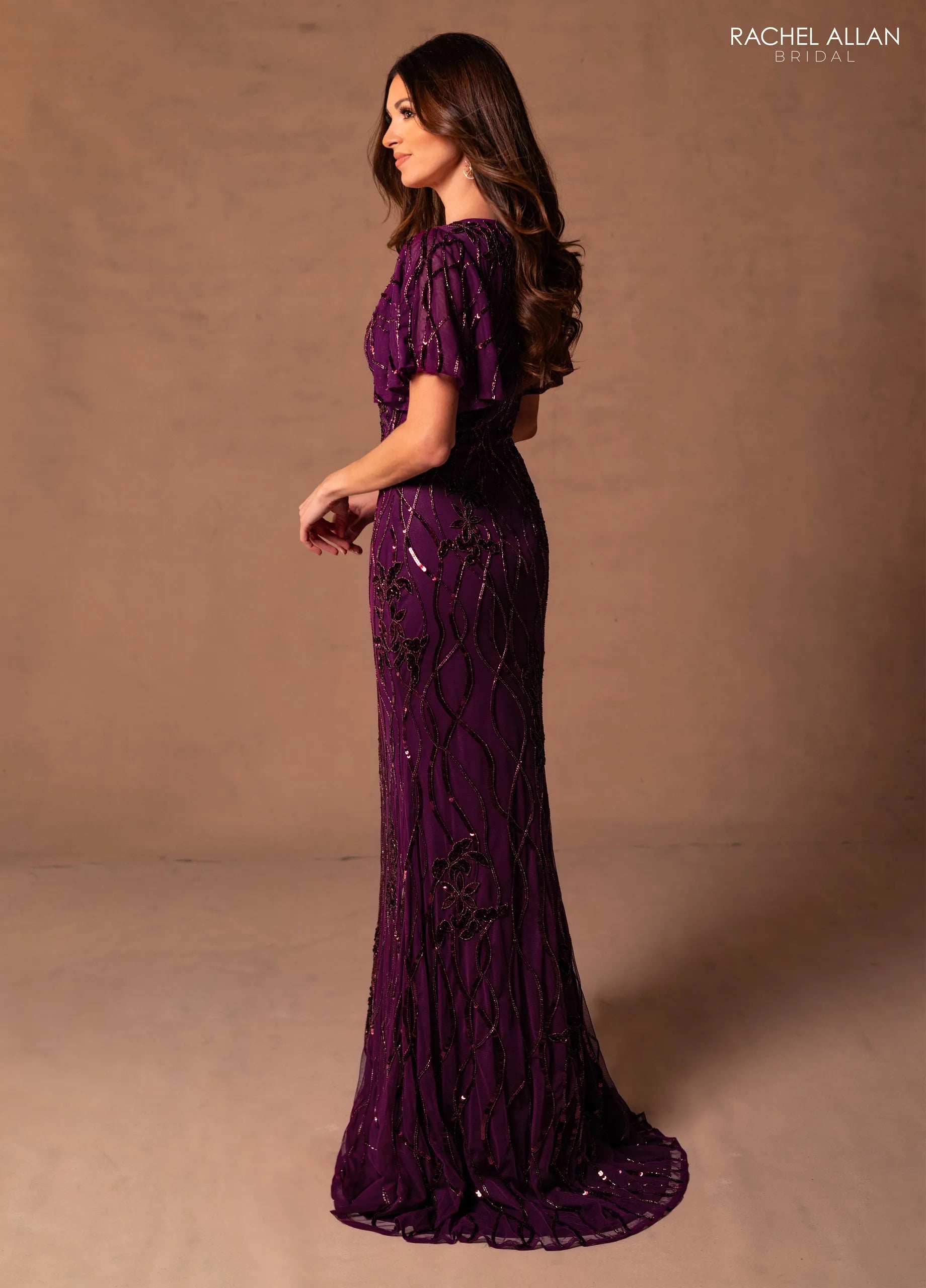 Wine Scoop Neck Floor-Length Beaded Tulle Mother of the Bride Dress with Flutter Sleeves Rachel Allan RB8179
