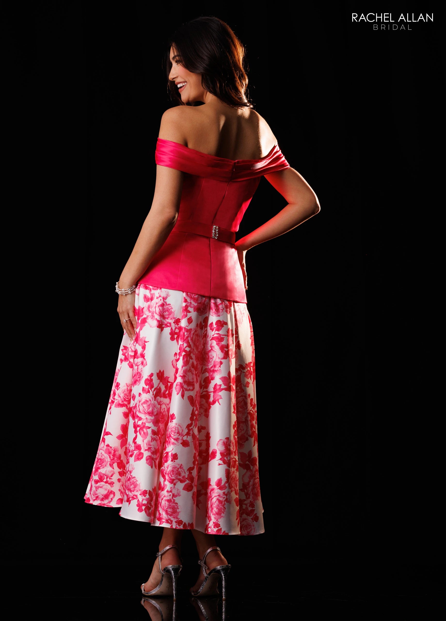 Off-the-Shoulder Tea-Length Satin Formal A-Line Rachel Allan RB8244