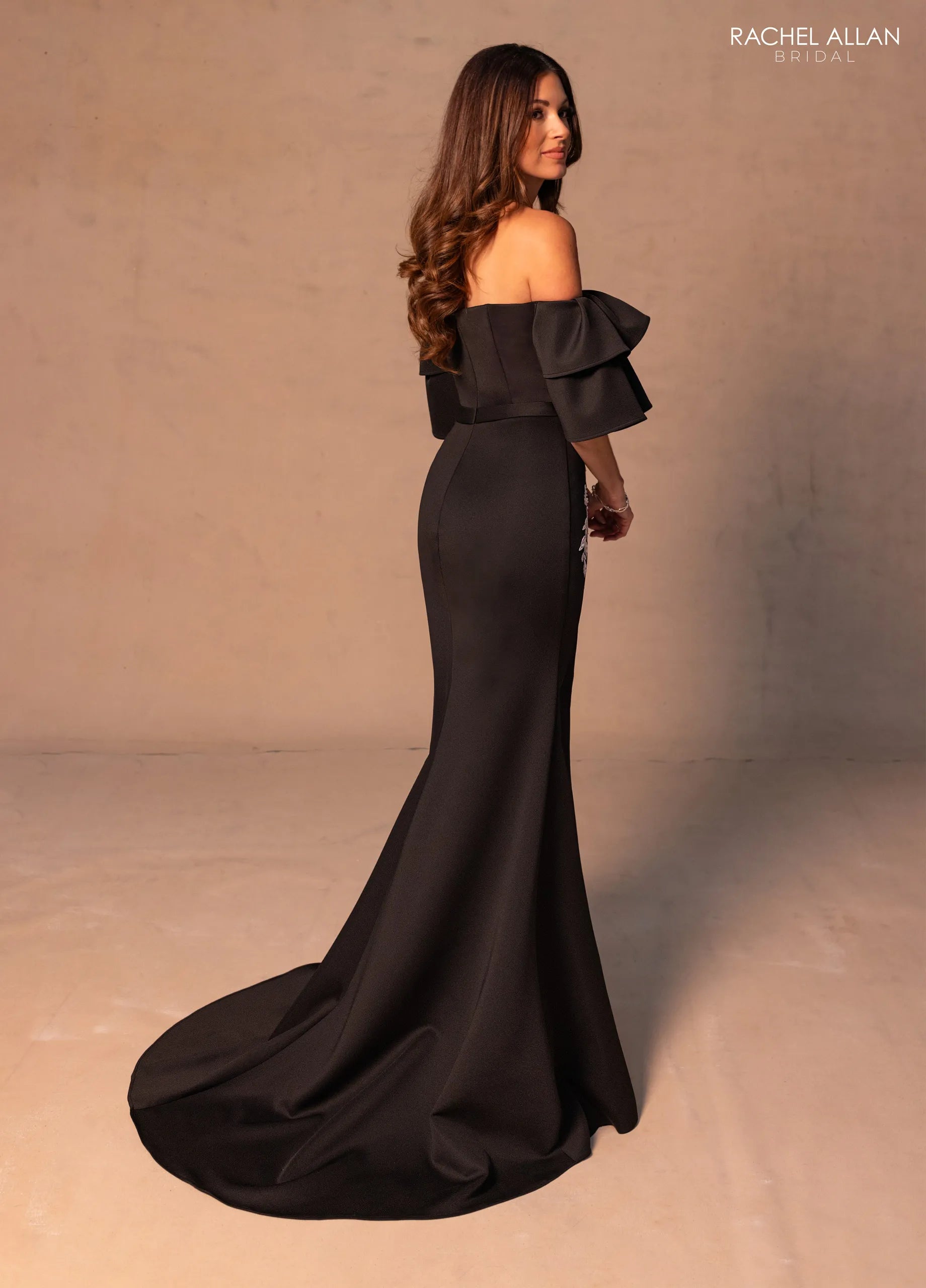 Black White Off-the-Shoulder Floor-Length Jersey Formal Dress with Ruffle Sleeves Rachel Allan RB8187