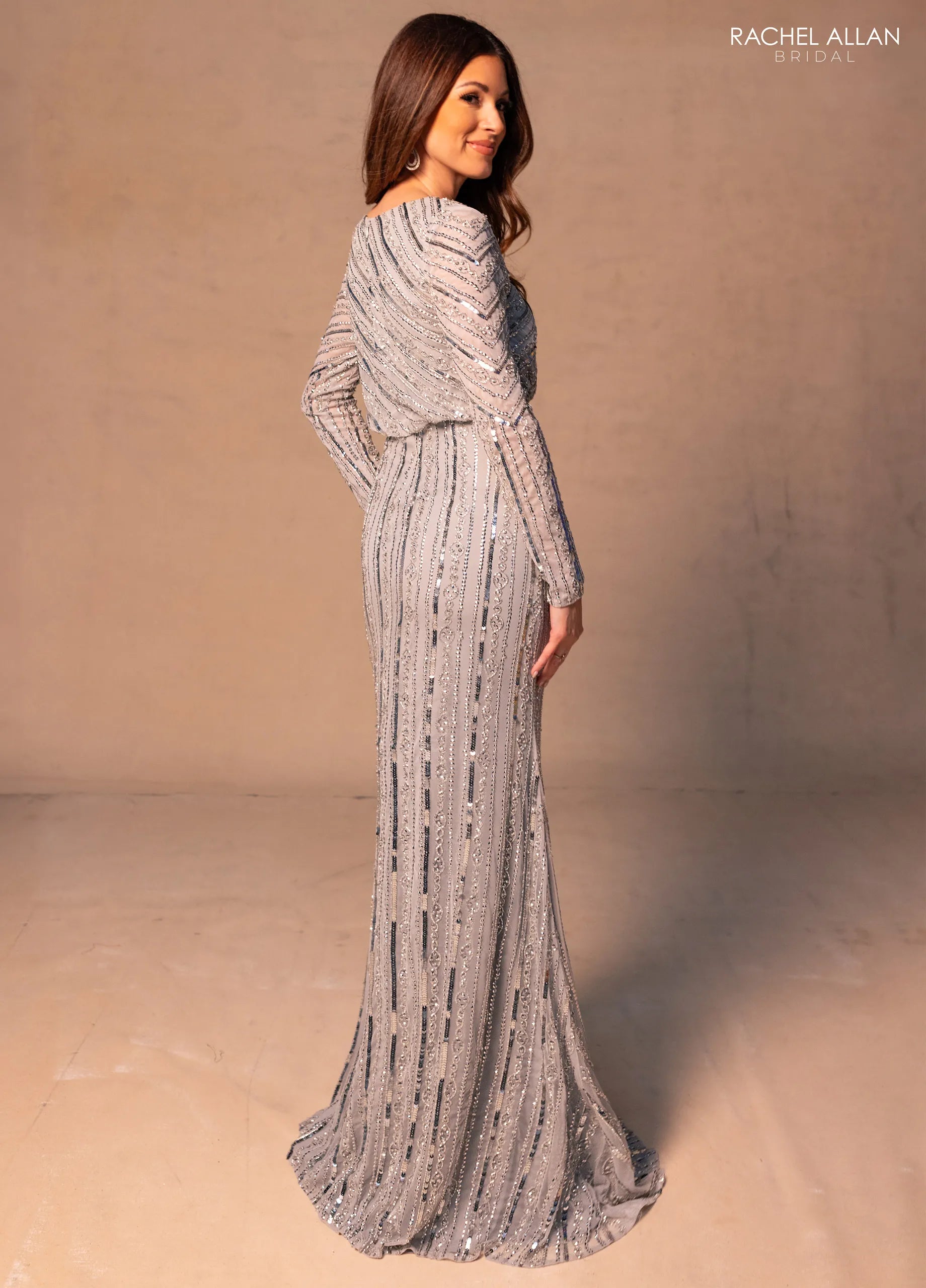 Silver Square Neck Floor-Length Beaded Tulle Mother of the Bride Dress with Long Sleeves Rachel Allan RB8175