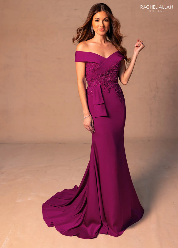 Off-the-Shoulder Floor-Length Scuba Mother of the Bride Dress with Lace Detail Rachel Allan RB8178