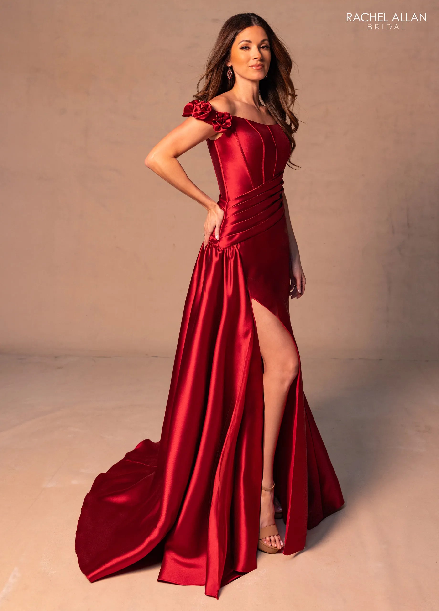 Burgundy Off-the-Shoulder Floor-Length Satin Formal Dress with High Slit Rachel Allan RB8177