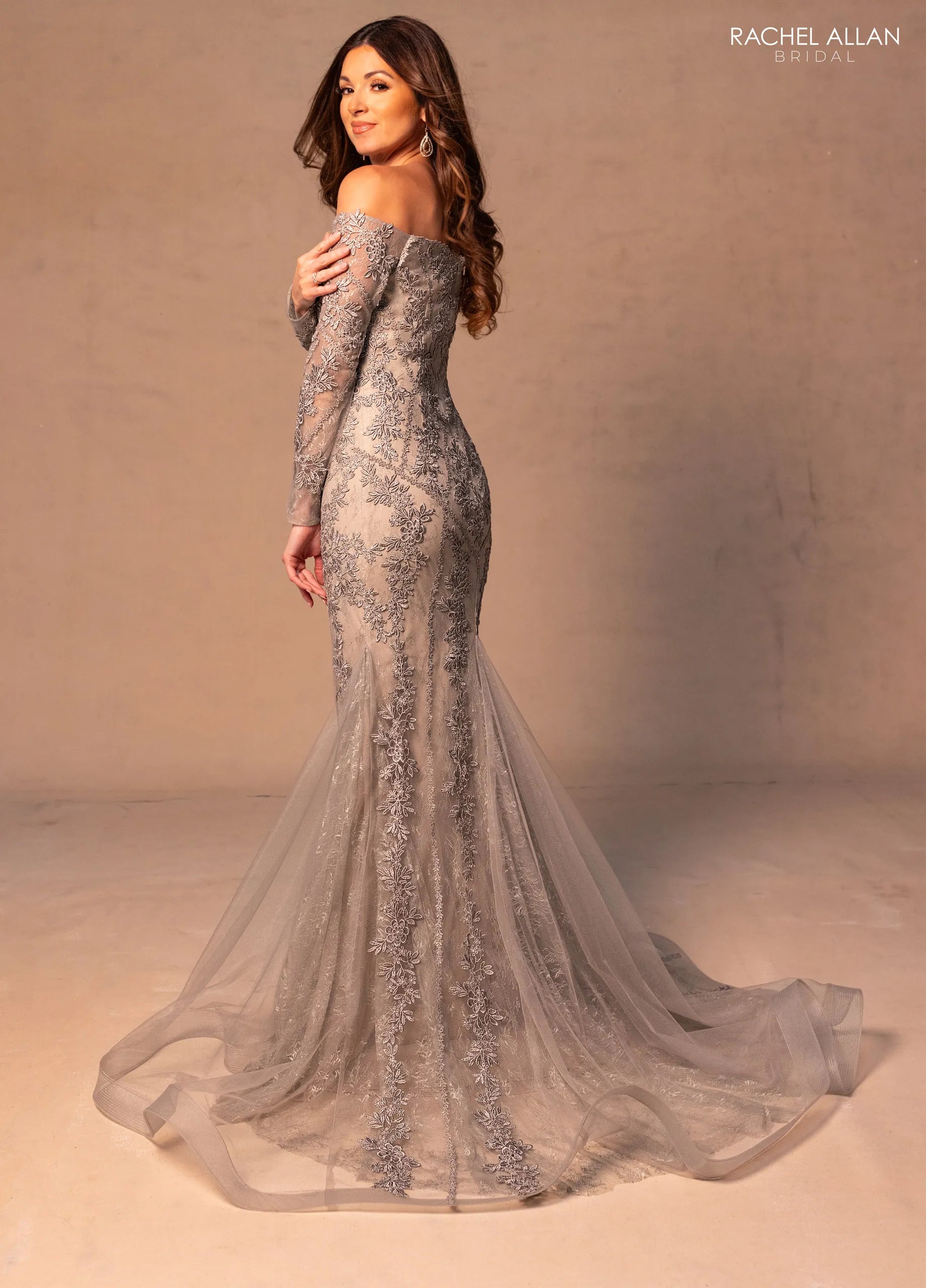 Silver Champagne Off-the-Shoulder Floor-Length Lace Mother of the Bride Dress with Illusion Long Sleeves Rachel Allan RB8192