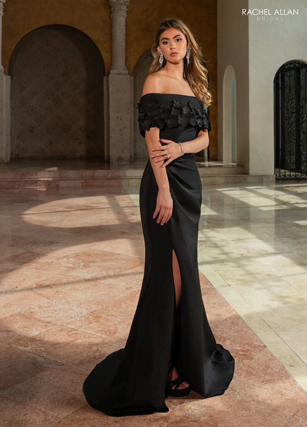 Off-the-Shoulder Floor-Length Jersey Mikado Formal Gown with 3D Floral Appliques Rachel Allan RB8217