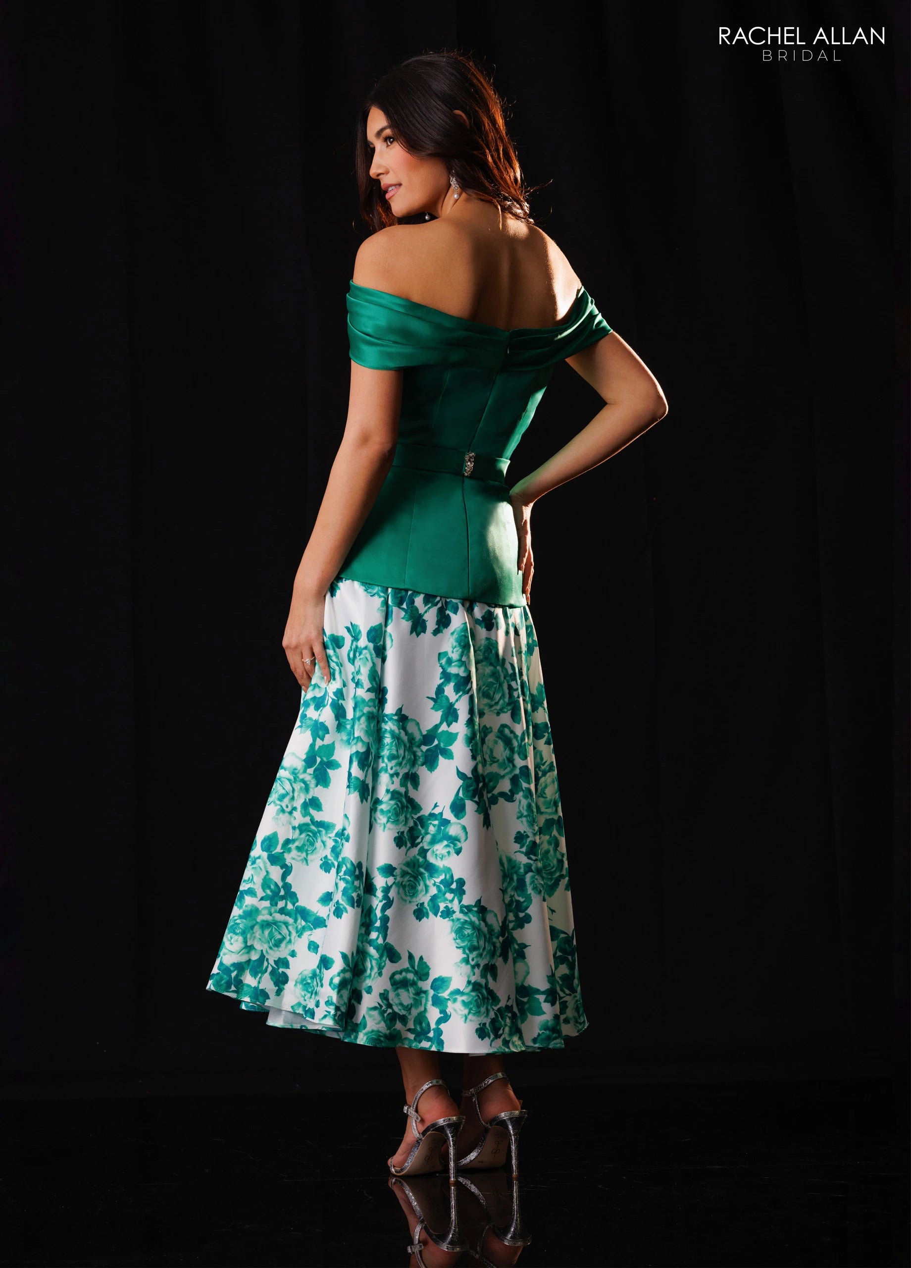 Off-the-Shoulder Tea-Length Satin Formal A-Line Rachel Allan RB8244